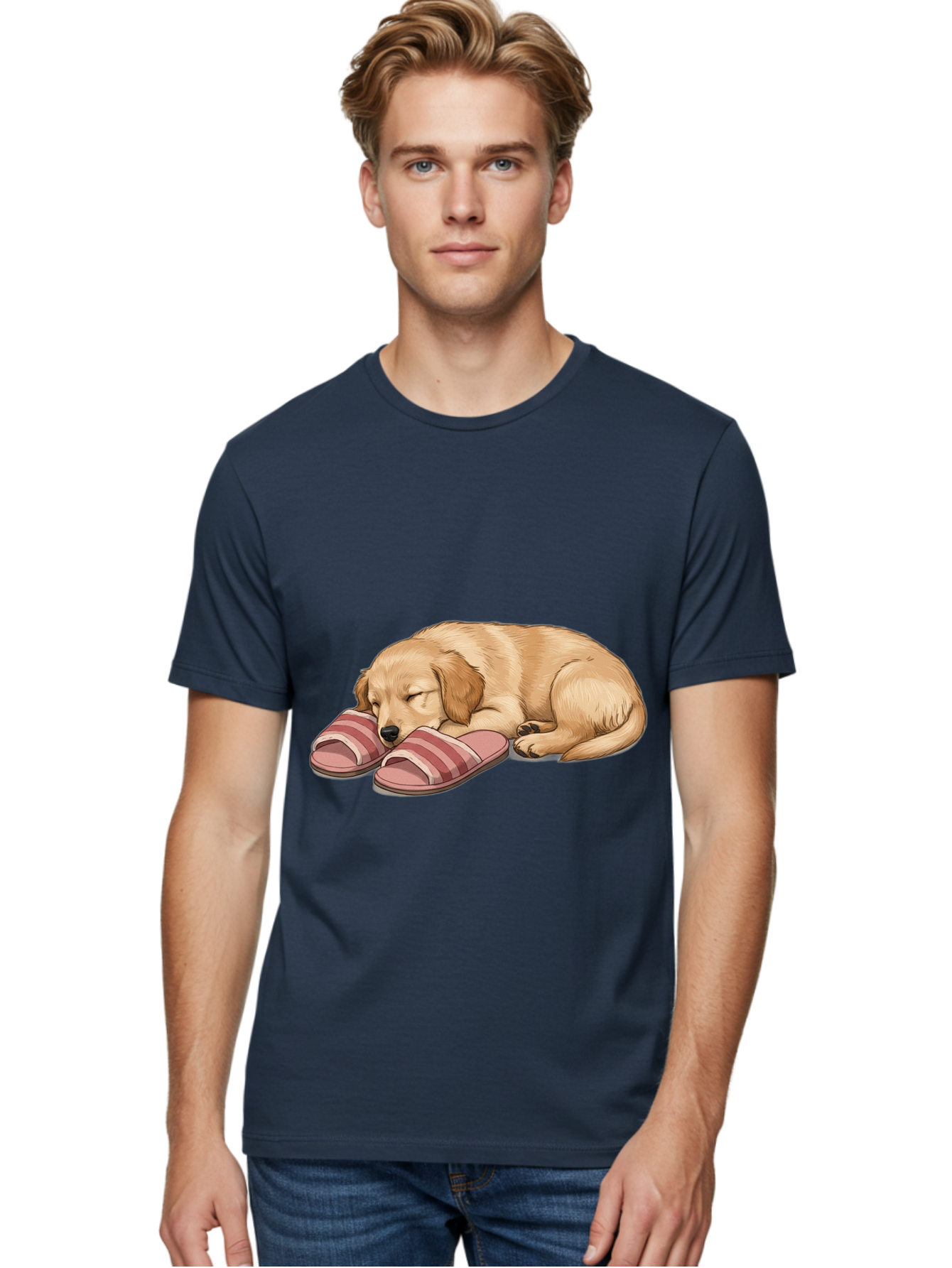 Sleeping-Puppy-2 Men'S Graphic Tee, 100% Cotton, Comfortable Casual Summer Wear, Machine Washable, Adorable Golden Retriever, Sleeping Dog, Puppy Love, Cute Cartoon, Animal Sleep, Dog Relaxation, Flip Flops, Striped Sandals, Peaceful Pup, Bac418