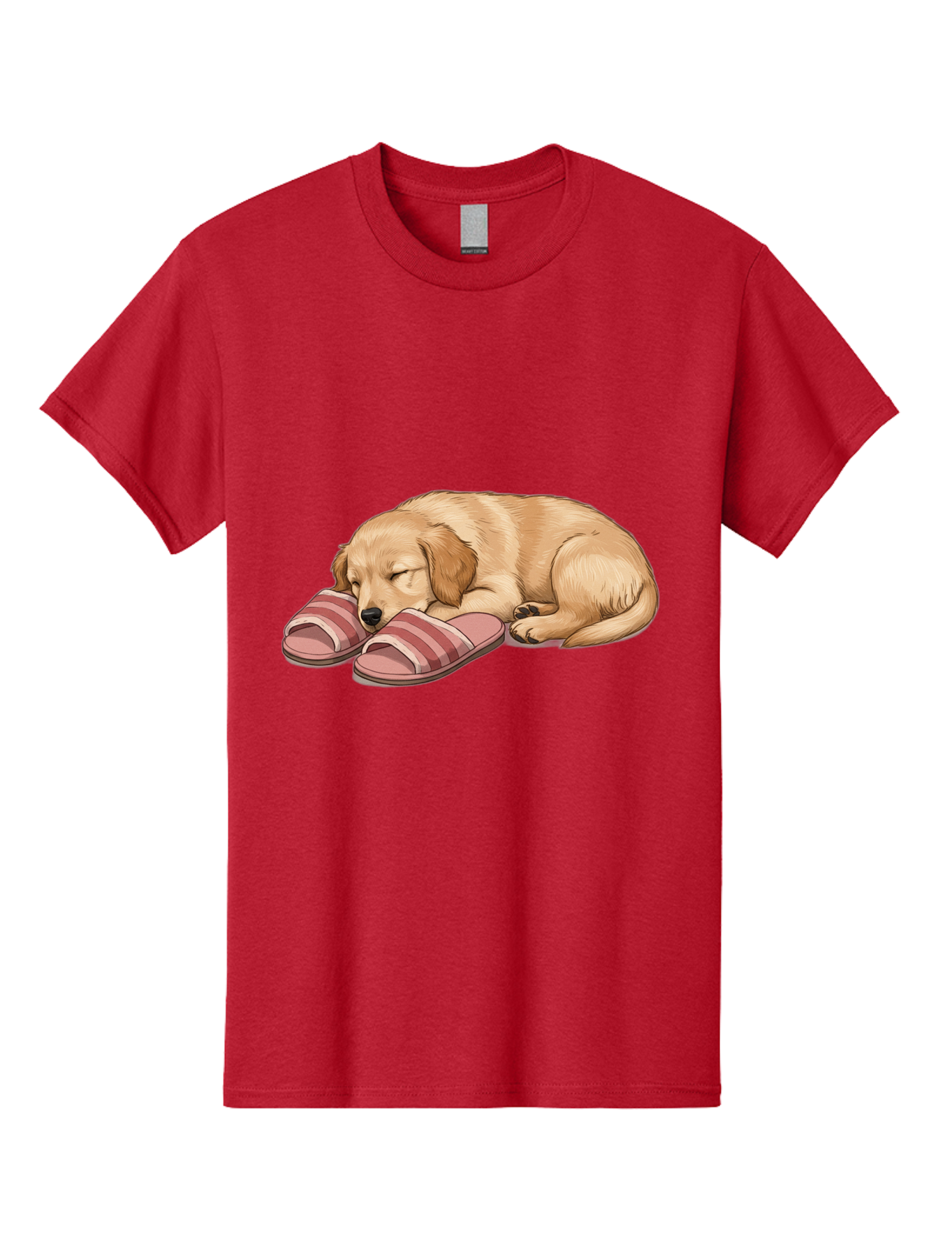 Sleeping-Puppy-2 Men'S Graphic Tee, 100% Cotton, Comfortable Casual Summer Wear, Machine Washable, Adorable Golden Retriever, Sleeping Dog, Puppy Love, Cute Cartoon, Animal Sleep, Dog Relaxation, Flip Flops, Striped Sandals, Peaceful Pup, Bac418
