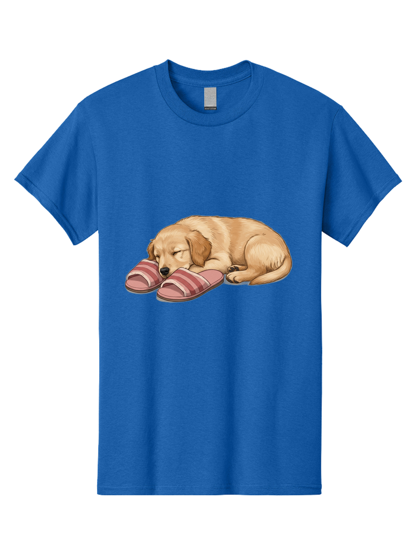 Sleeping-Puppy-2 Men'S Graphic Tee, 100% Cotton, Comfortable Casual Summer Wear, Machine Washable, Adorable Golden Retriever, Sleeping Dog, Puppy Love, Cute Cartoon, Animal Sleep, Dog Relaxation, Flip Flops, Striped Sandals, Peaceful Pup, Bac418