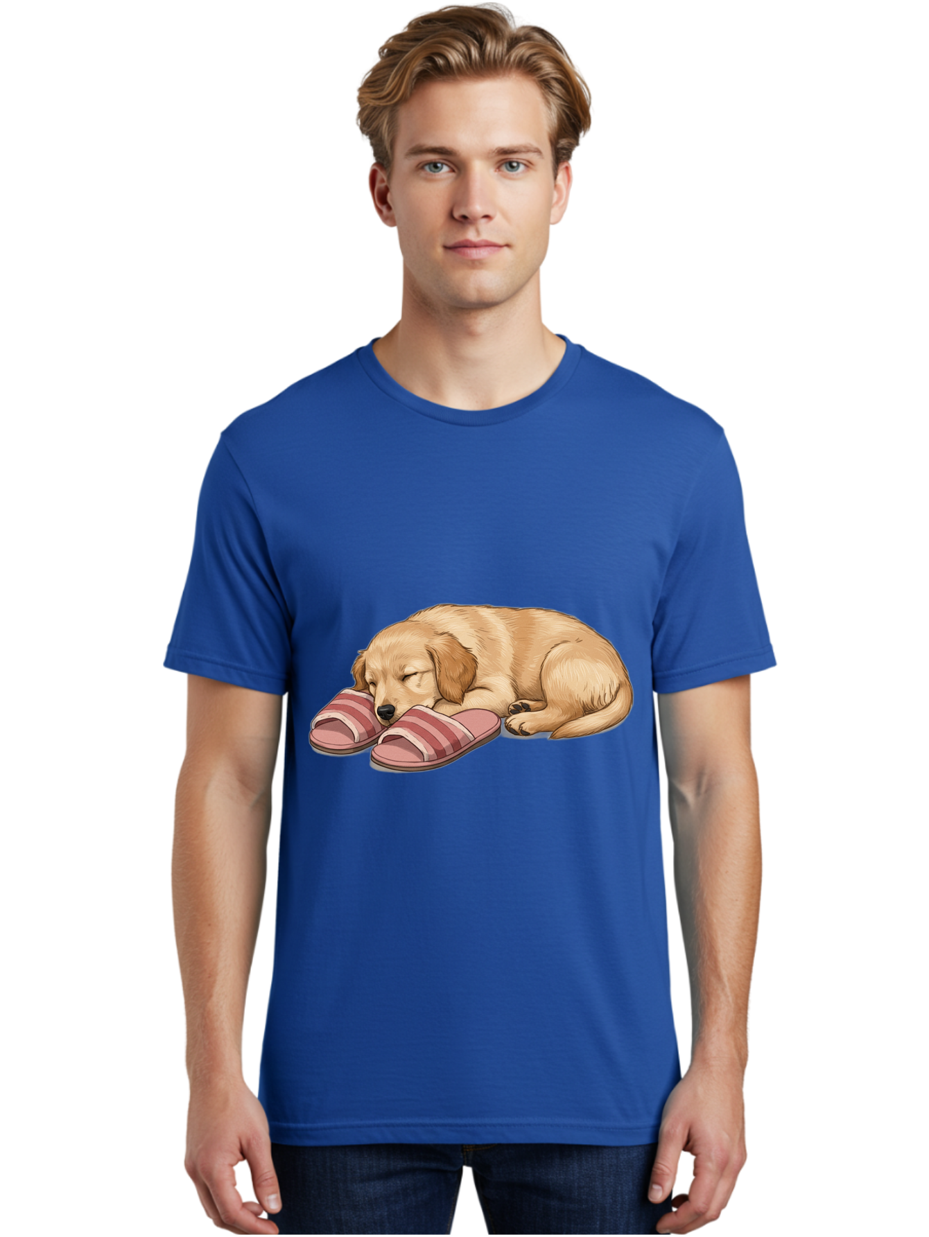 Sleeping-Puppy-2 Men'S Graphic Tee, 100% Cotton, Comfortable Casual Summer Wear, Machine Washable, Adorable Golden Retriever, Sleeping Dog, Puppy Love, Cute Cartoon, Animal Sleep, Dog Relaxation, Flip Flops, Striped Sandals, Peaceful Pup, Bac418