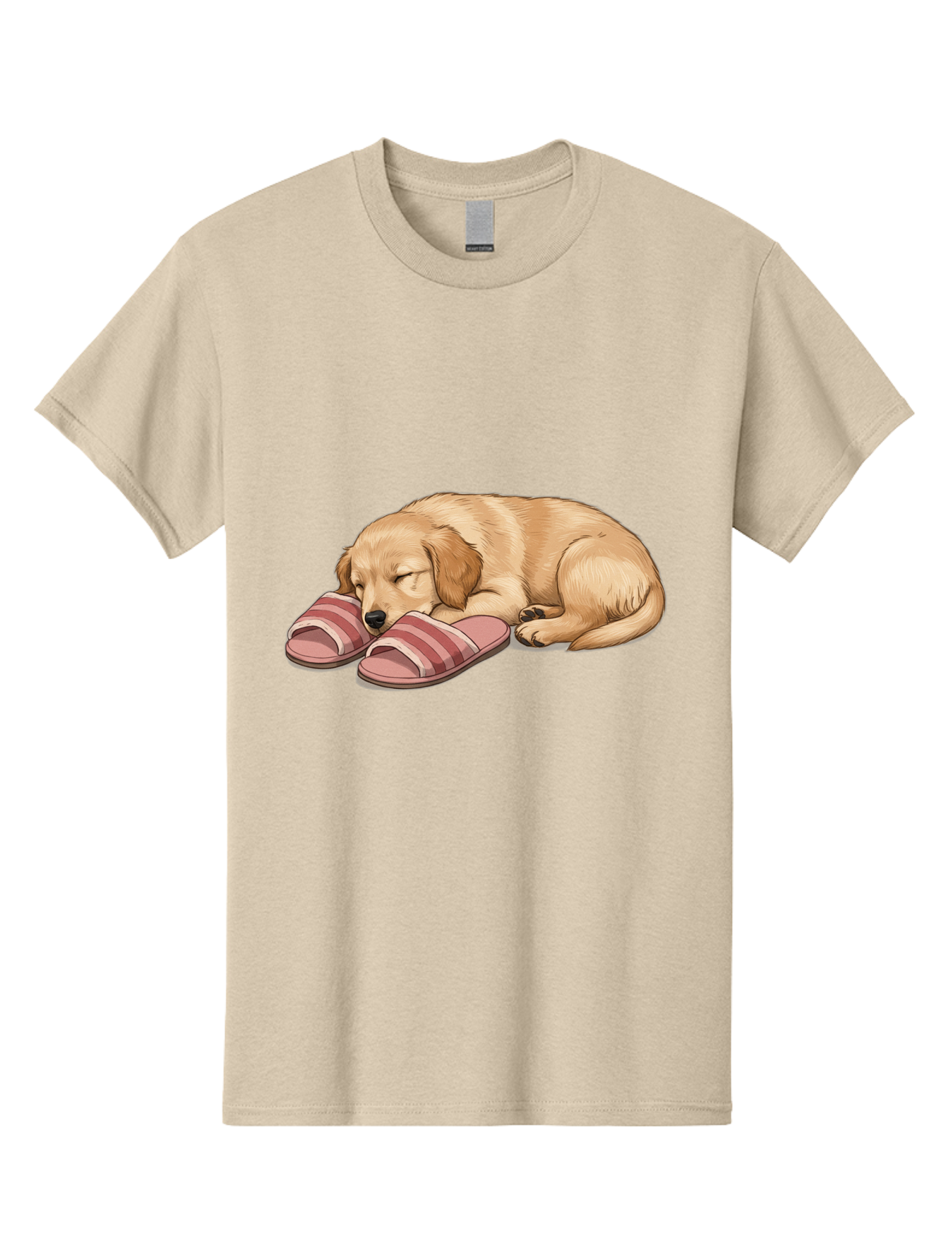Sleeping-Puppy-2 Men'S Graphic Tee, 100% Cotton, Comfortable Casual Summer Wear, Machine Washable, Adorable Golden Retriever, Sleeping Dog, Puppy Love, Cute Cartoon, Animal Sleep, Dog Relaxation, Flip Flops, Striped Sandals, Peaceful Pup, Bac418