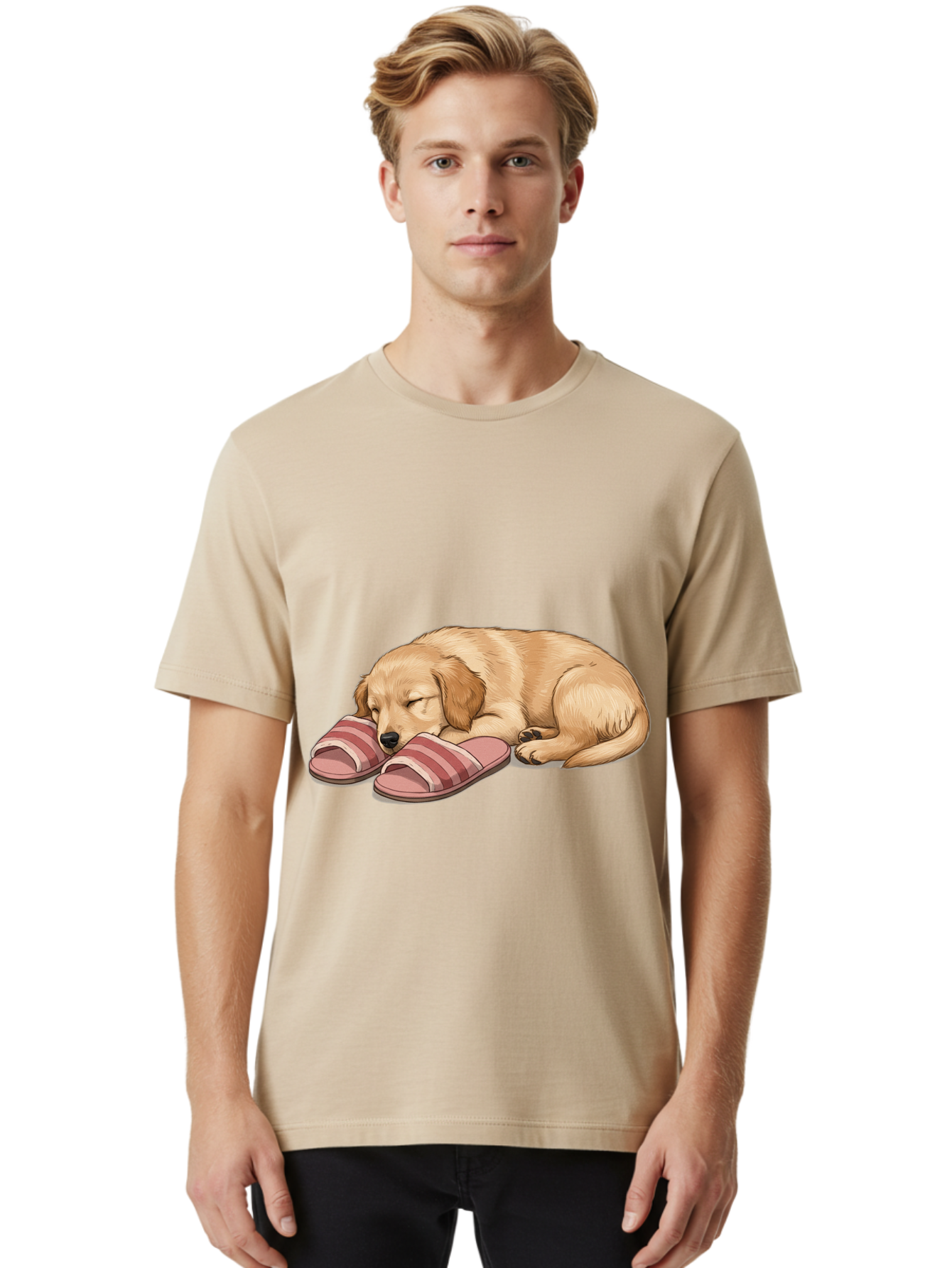 Sleeping-Puppy-2 Men'S Graphic Tee, 100% Cotton, Comfortable Casual Summer Wear, Machine Washable, Adorable Golden Retriever, Sleeping Dog, Puppy Love, Cute Cartoon, Animal Sleep, Dog Relaxation, Flip Flops, Striped Sandals, Peaceful Pup, Bac418