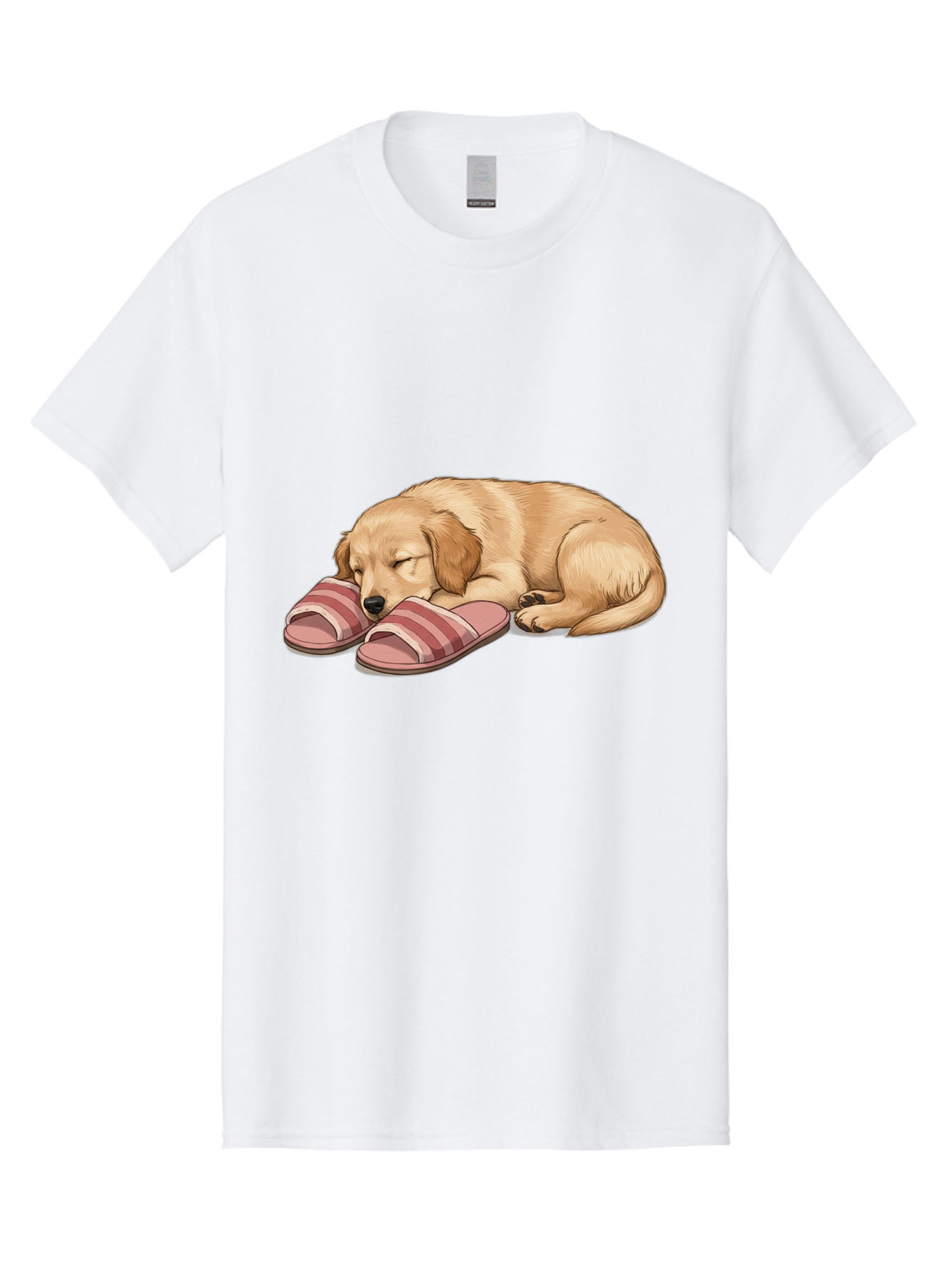 Sleeping-Puppy-2 Men'S Graphic Tee, 100% Cotton, Comfortable Casual Summer Wear, Machine Washable, Adorable Golden Retriever, Sleeping Dog, Puppy Love, Cute Cartoon, Animal Sleep, Dog Relaxation, Flip Flops, Striped Sandals, Peaceful Pup, Bac418