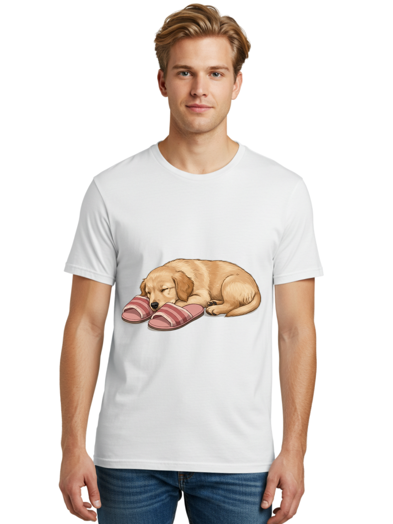 Sleeping-Puppy-2 Men'S Graphic Tee, 100% Cotton, Comfortable Casual Summer Wear, Machine Washable, Adorable Golden Retriever, Sleeping Dog, Puppy Love, Cute Cartoon, Animal Sleep, Dog Relaxation, Flip Flops, Striped Sandals, Peaceful Pup, Bac418