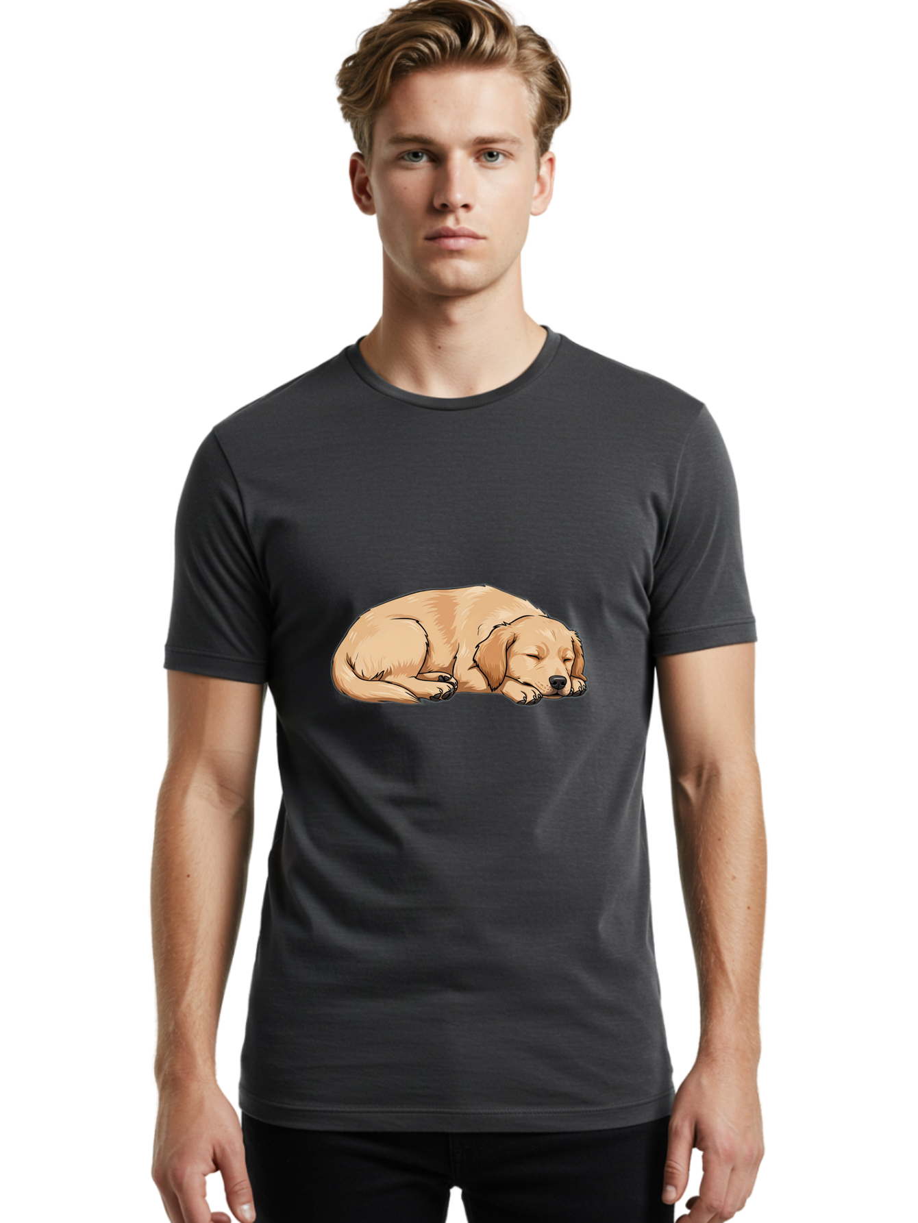 Sleeping-Puppy Men'S Graphic Tee, 100% Cotton, Comfortable Casual Summer Wear, Machine Washable, Adorable Puppy, Sleeping Dog, Golden Retriever, Cartoon Illustration, Peaceful Slumber, Cute Dog, Relaxed Puppy, Serene Atmosphere, Bac419