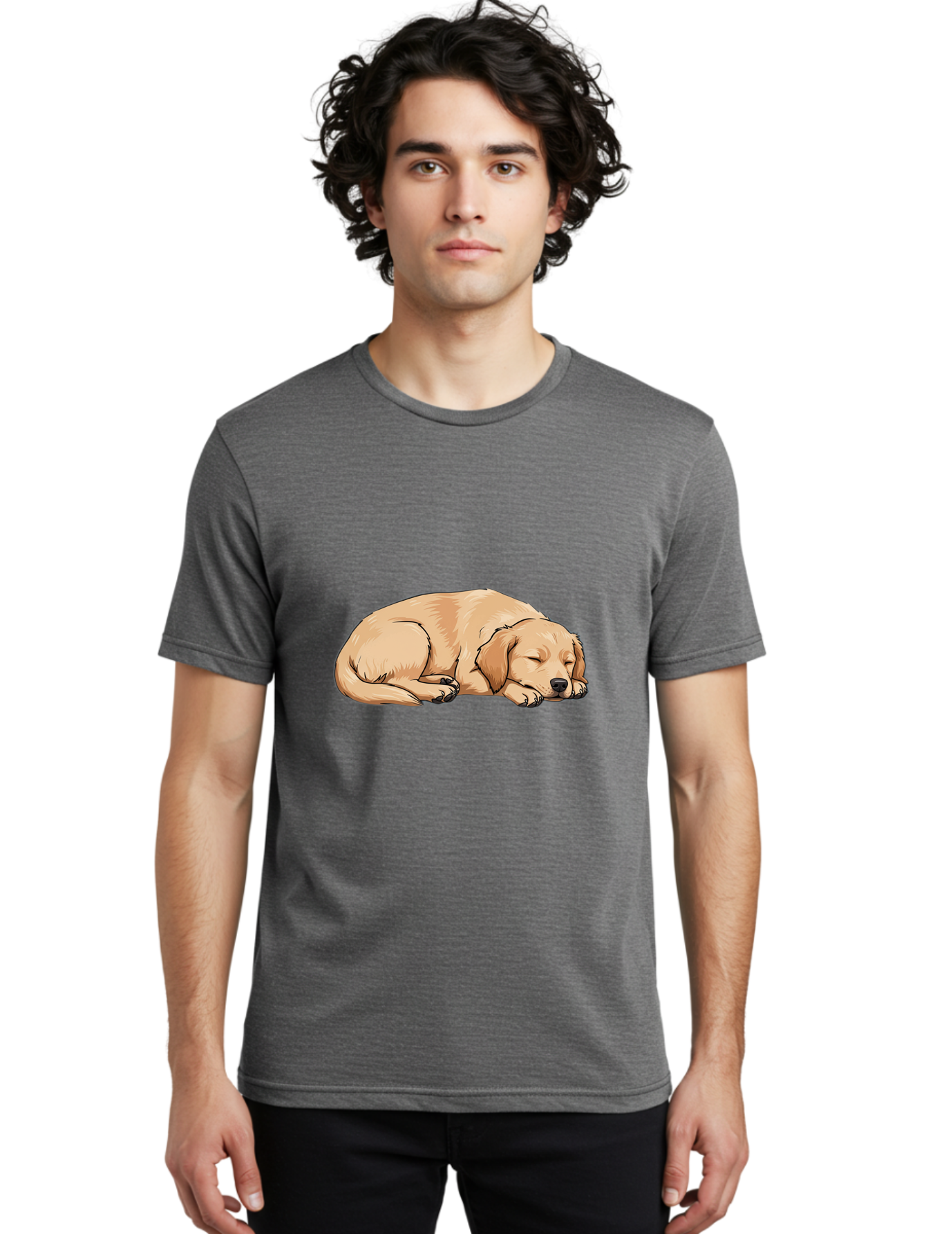 Sleeping-Puppy Men'S Graphic Tee, 100% Cotton, Comfortable Casual Summer Wear, Machine Washable, Adorable Puppy, Sleeping Dog, Golden Retriever, Cartoon Illustration, Peaceful Slumber, Cute Dog, Relaxed Puppy, Serene Atmosphere, Bac419