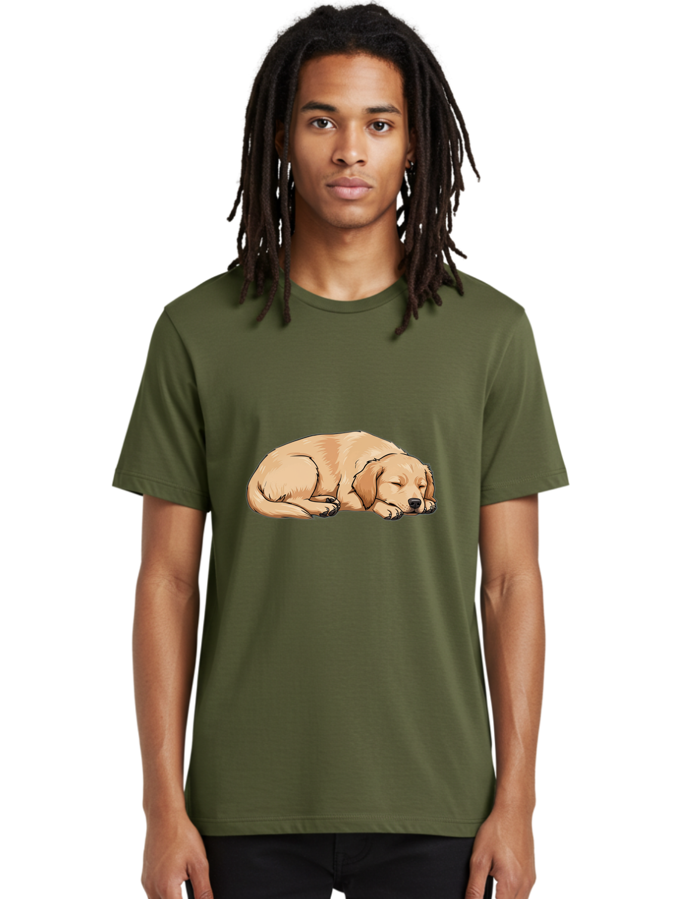 Sleeping-Puppy Men'S Graphic Tee, 100% Cotton, Comfortable Casual Summer Wear, Machine Washable, Adorable Puppy, Sleeping Dog, Golden Retriever, Cartoon Illustration, Peaceful Slumber, Cute Dog, Relaxed Puppy, Serene Atmosphere, Bac419