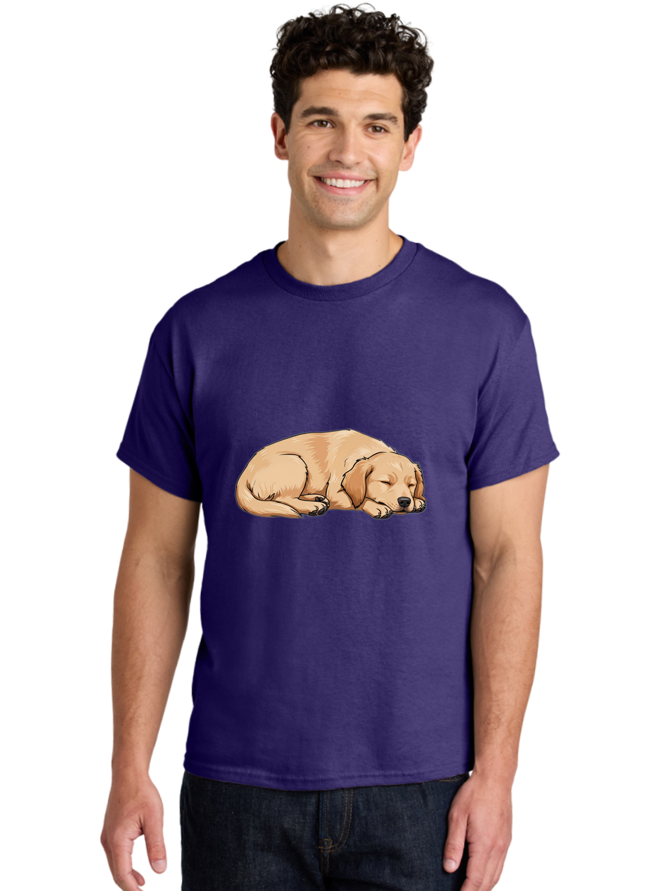 Sleeping-Puppy Men'S Graphic Tee, 100% Cotton, Comfortable Casual Summer Wear, Machine Washable, Adorable Puppy, Sleeping Dog, Golden Retriever, Cartoon Illustration, Peaceful Slumber, Cute Dog, Relaxed Puppy, Serene Atmosphere, Bac419