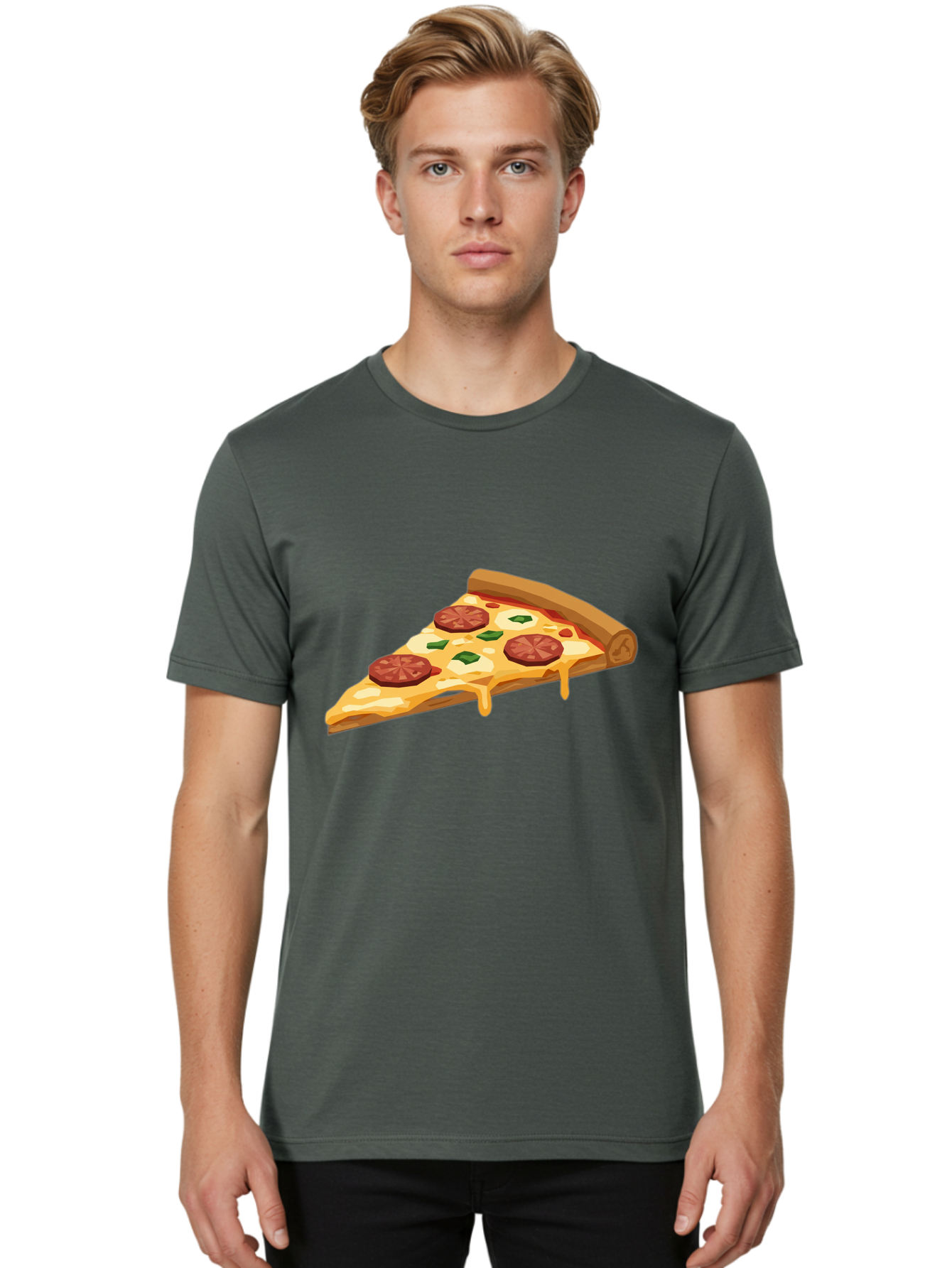 Slice-Of-Pepperoni-Pizza Men'S Graphic Tee, 100% Cotton, Comfortable Casual Summer Wear, Machine Washable, Pepperoni Pizza, Pizza Slice, Melted Cheese, Green Peppers, Red Pepperoni, Crispy Crust, Cheesy Goodness, Savory Delight Bac420