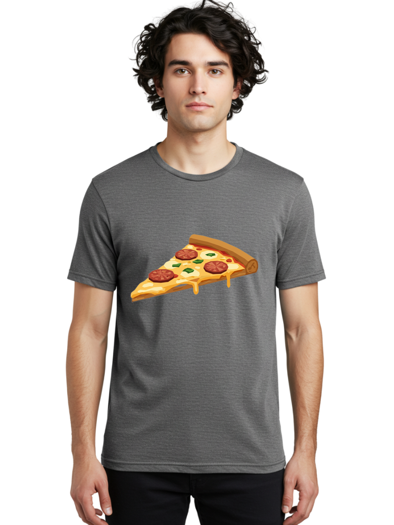Slice-Of-Pepperoni-Pizza Men'S Graphic Tee, 100% Cotton, Comfortable Casual Summer Wear, Machine Washable, Pepperoni Pizza, Pizza Slice, Melted Cheese, Green Peppers, Red Pepperoni, Crispy Crust, Cheesy Goodness, Savory Delight Bac420