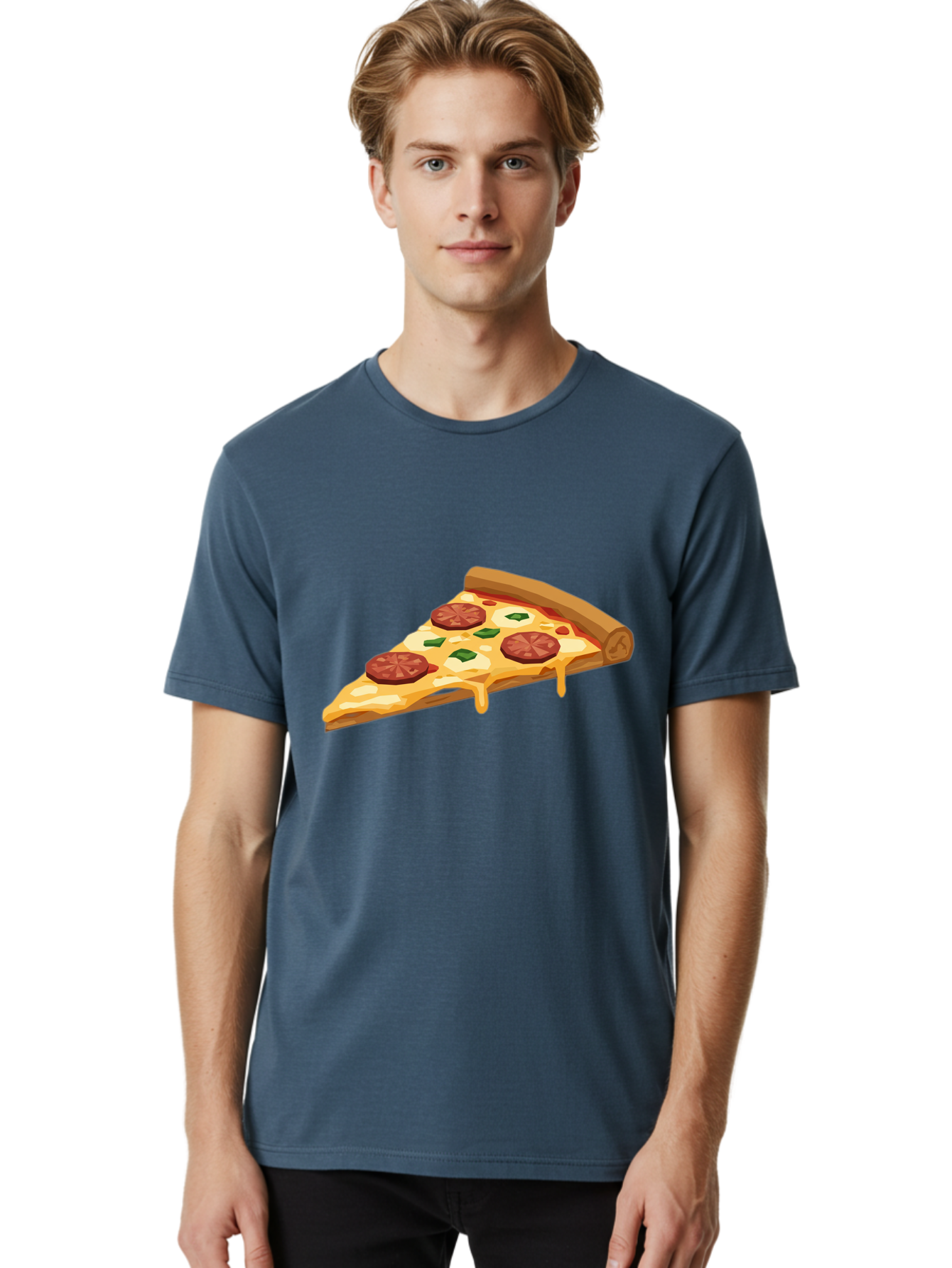 Slice-Of-Pepperoni-Pizza Men'S Graphic Tee, 100% Cotton, Comfortable Casual Summer Wear, Machine Washable, Pepperoni Pizza, Pizza Slice, Melted Cheese, Green Peppers, Red Pepperoni, Crispy Crust, Cheesy Goodness, Savory Delight Bac420