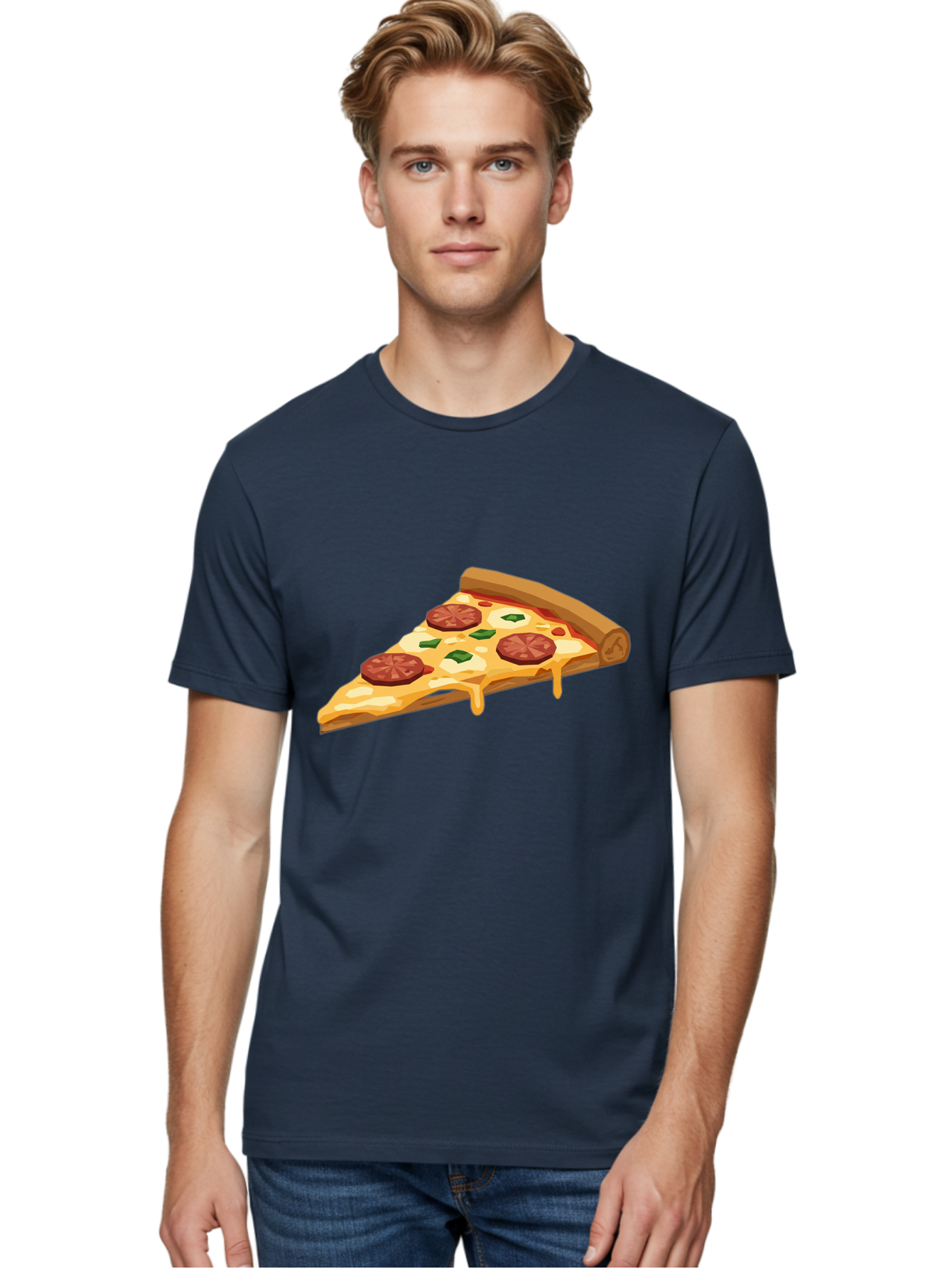 Slice-Of-Pepperoni-Pizza Men'S Graphic Tee, 100% Cotton, Comfortable Casual Summer Wear, Machine Washable, Pepperoni Pizza, Pizza Slice, Melted Cheese, Green Peppers, Red Pepperoni, Crispy Crust, Cheesy Goodness, Savory Delight Bac420