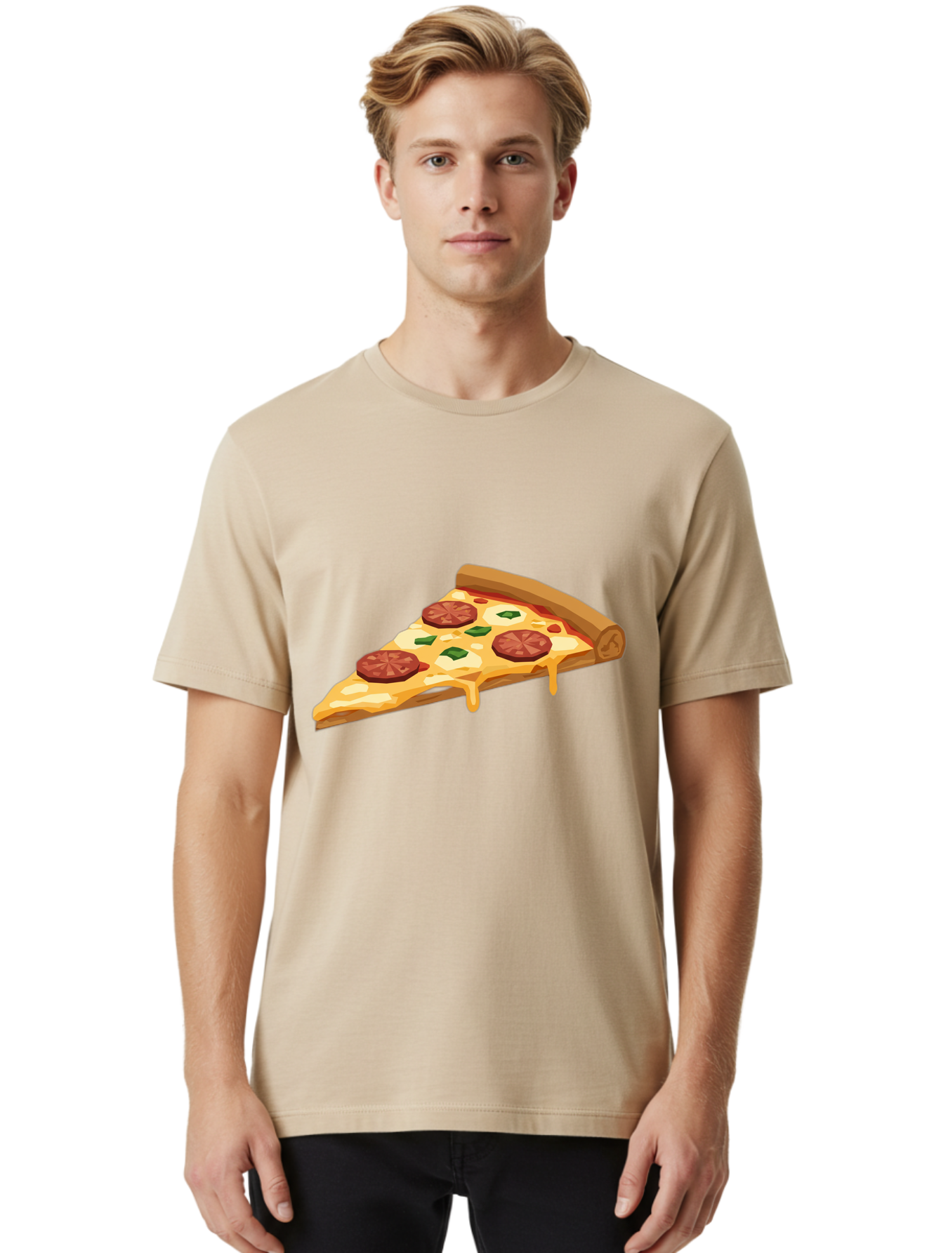 Slice-Of-Pepperoni-Pizza Men'S Graphic Tee, 100% Cotton, Comfortable Casual Summer Wear, Machine Washable, Pepperoni Pizza, Pizza Slice, Melted Cheese, Green Peppers, Red Pepperoni, Crispy Crust, Cheesy Goodness, Savory Delight Bac420