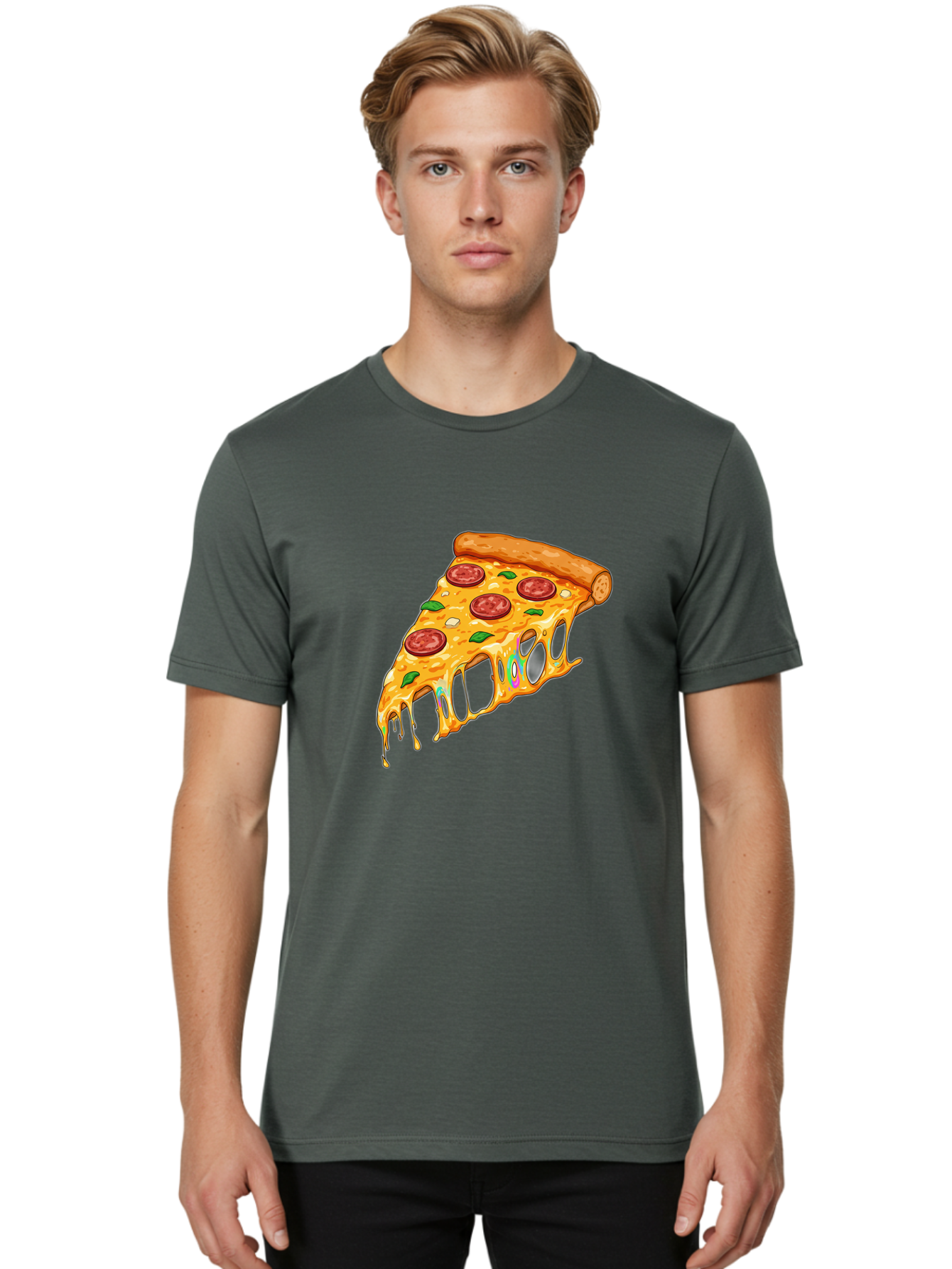 Slice-Of-Pizza Men'S Graphic Tee, 100% Cotton, Comfortable Casual Summer Wear, Machine Washable, Melted Cheese, Pepperoni Pizza, Cheesy Goodness, Melted Mozzarella, Savory Delight, Italian Cuisine, Pizza Love, Tasty Treat, Foodie Favorite Bac421