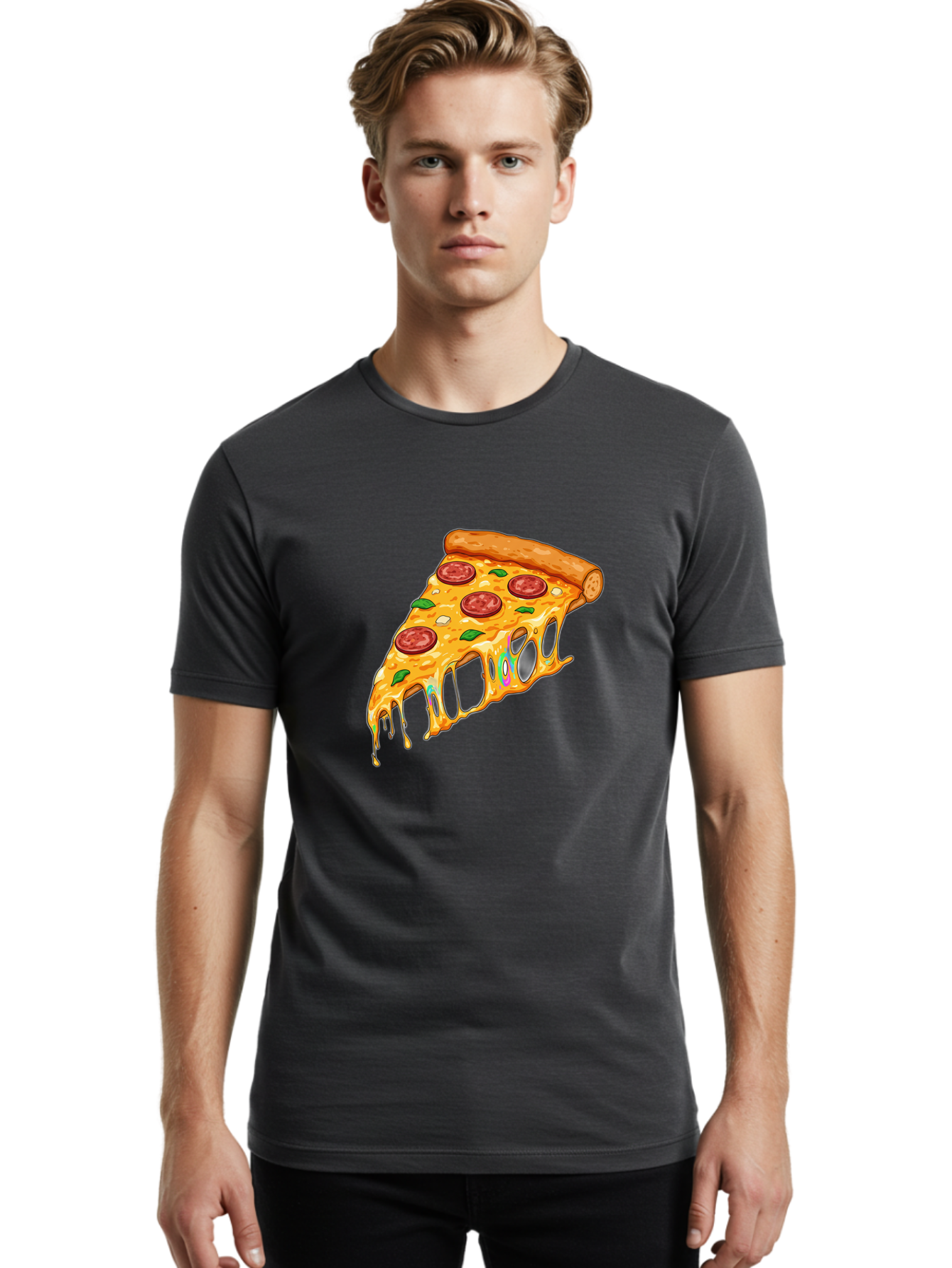 Slice-Of-Pizza Men'S Graphic Tee, 100% Cotton, Comfortable Casual Summer Wear, Machine Washable, Melted Cheese, Pepperoni Pizza, Cheesy Goodness, Melted Mozzarella, Savory Delight, Italian Cuisine, Pizza Love, Tasty Treat, Foodie Favorite Bac421