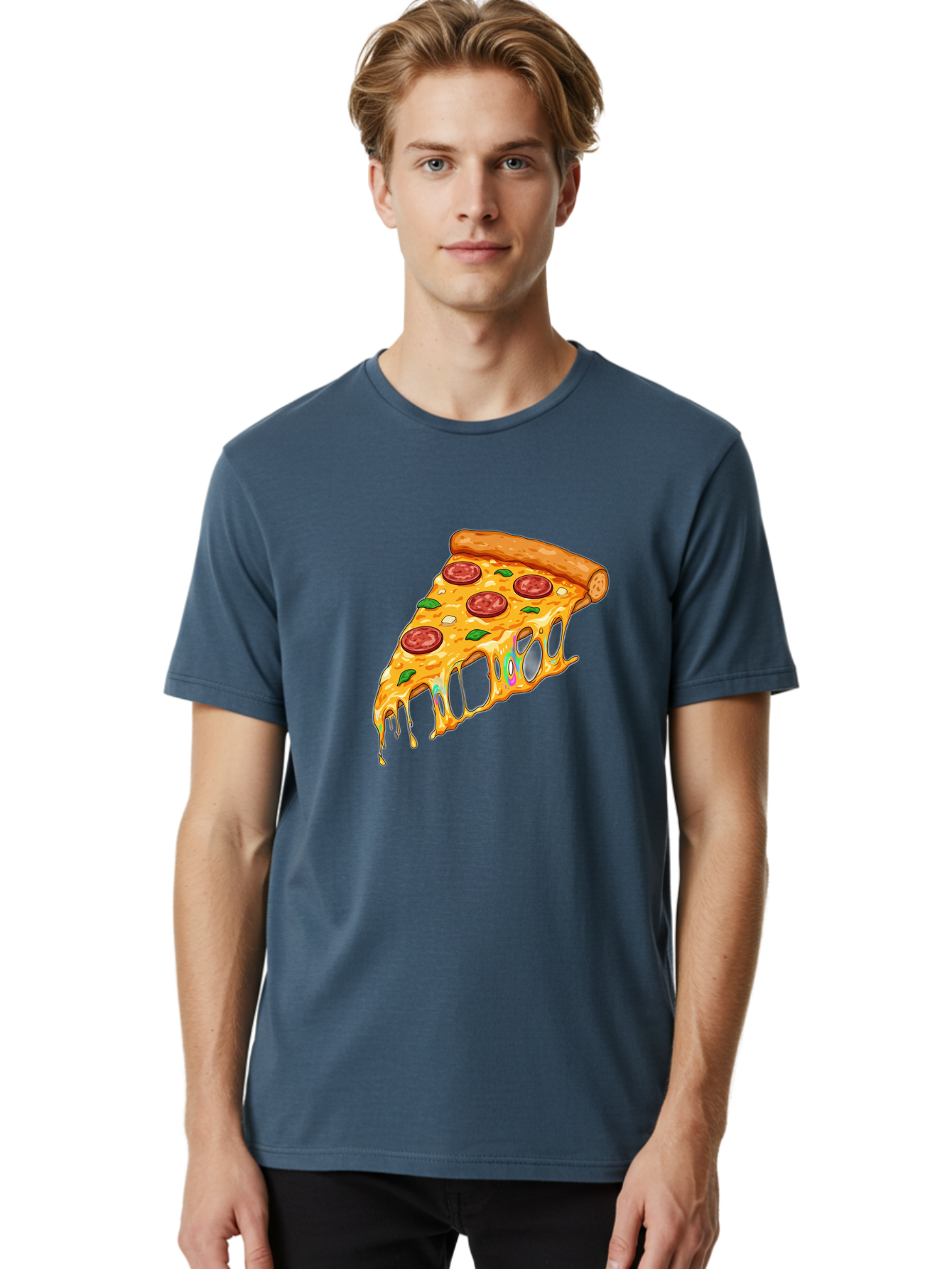 Slice-Of-Pizza Men'S Graphic Tee, 100% Cotton, Comfortable Casual Summer Wear, Machine Washable, Melted Cheese, Pepperoni Pizza, Cheesy Goodness, Melted Mozzarella, Savory Delight, Italian Cuisine, Pizza Love, Tasty Treat, Foodie Favorite Bac421