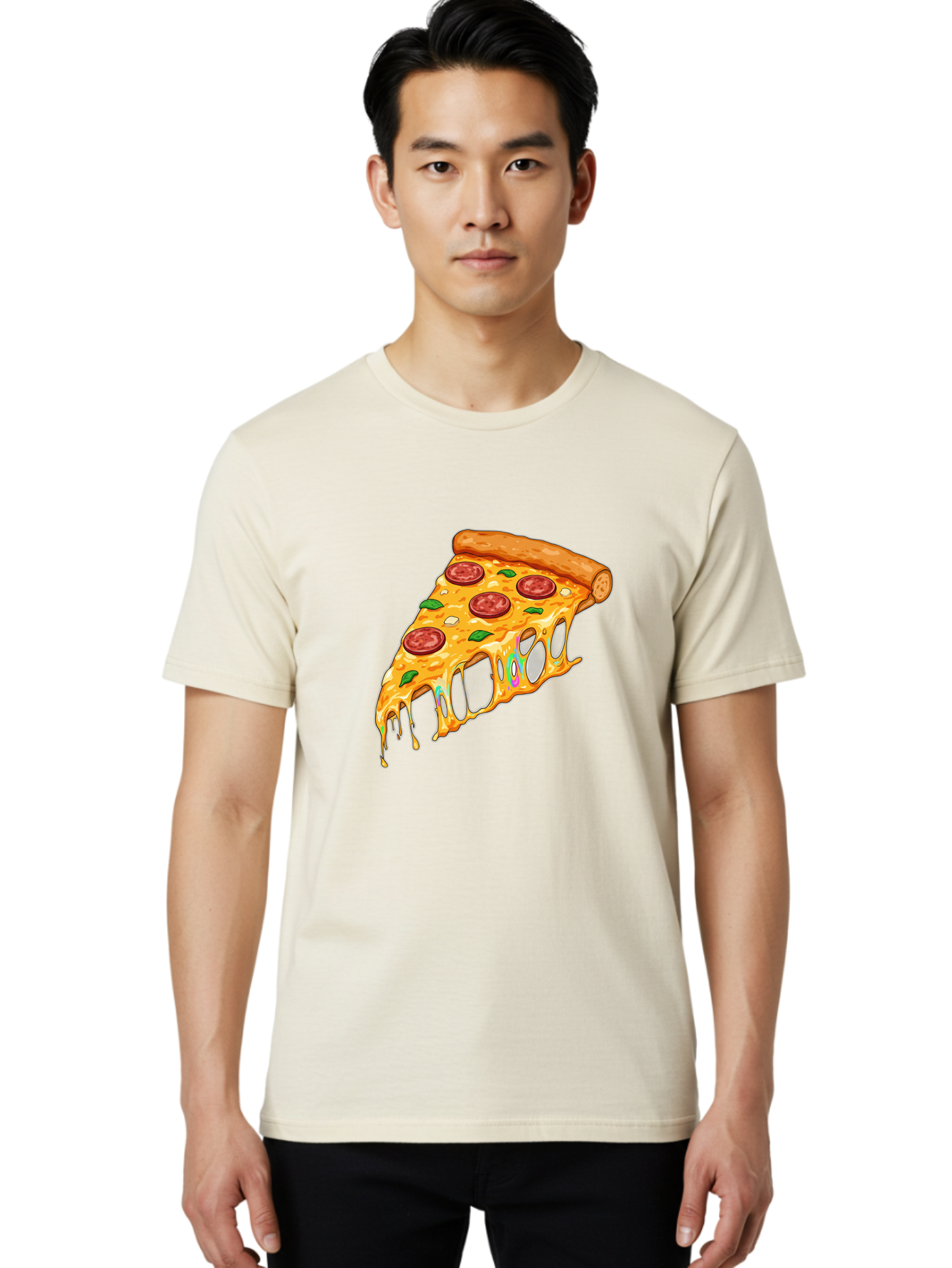 Slice-Of-Pizza Men'S Graphic Tee, 100% Cotton, Comfortable Casual Summer Wear, Machine Washable, Melted Cheese, Pepperoni Pizza, Cheesy Goodness, Melted Mozzarella, Savory Delight, Italian Cuisine, Pizza Love, Tasty Treat, Foodie Favorite Bac421