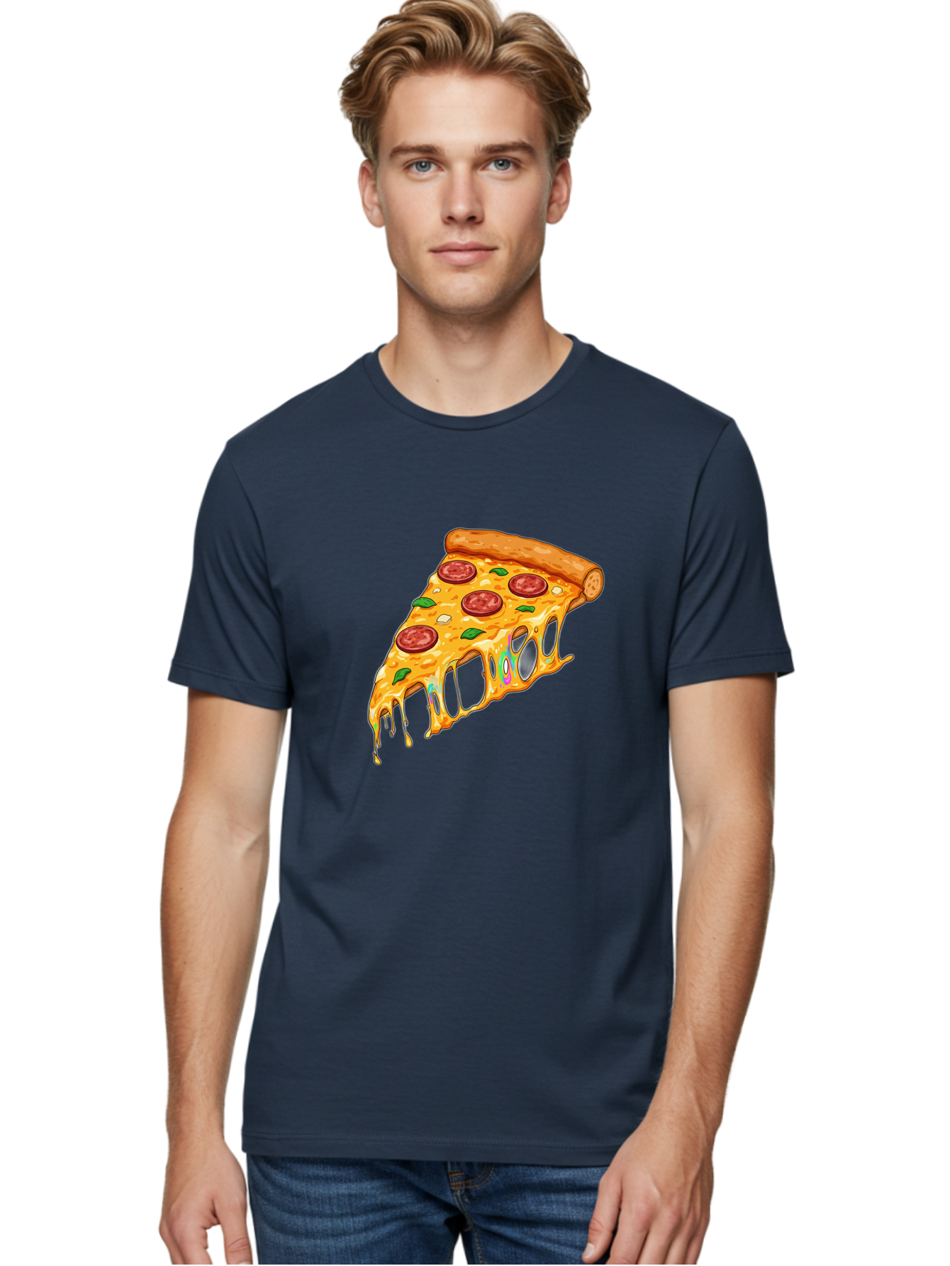Slice-Of-Pizza Men'S Graphic Tee, 100% Cotton, Comfortable Casual Summer Wear, Machine Washable, Melted Cheese, Pepperoni Pizza, Cheesy Goodness, Melted Mozzarella, Savory Delight, Italian Cuisine, Pizza Love, Tasty Treat, Foodie Favorite Bac421
