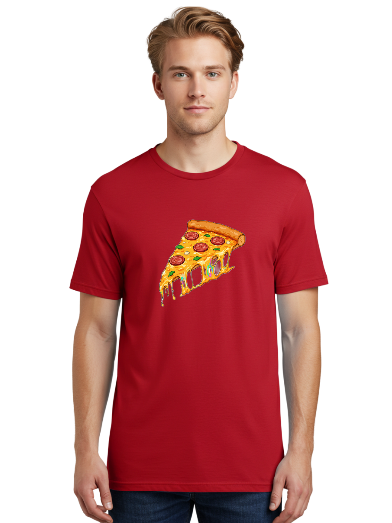Slice-Of-Pizza Men'S Graphic Tee, 100% Cotton, Comfortable Casual Summer Wear, Machine Washable, Melted Cheese, Pepperoni Pizza, Cheesy Goodness, Melted Mozzarella, Savory Delight, Italian Cuisine, Pizza Love, Tasty Treat, Foodie Favorite Bac421
