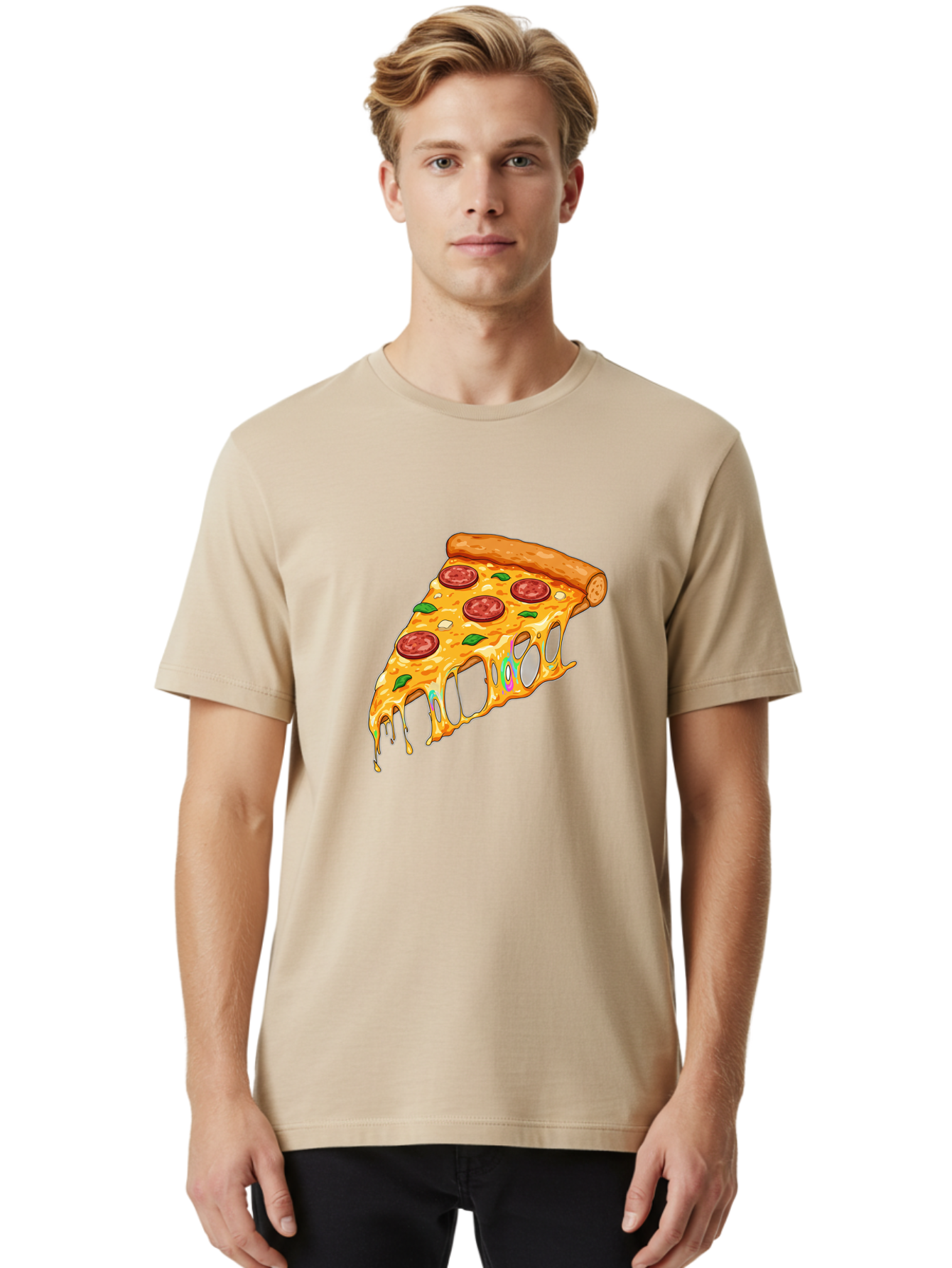 Slice-Of-Pizza Men'S Graphic Tee, 100% Cotton, Comfortable Casual Summer Wear, Machine Washable, Melted Cheese, Pepperoni Pizza, Cheesy Goodness, Melted Mozzarella, Savory Delight, Italian Cuisine, Pizza Love, Tasty Treat, Foodie Favorite Bac421
