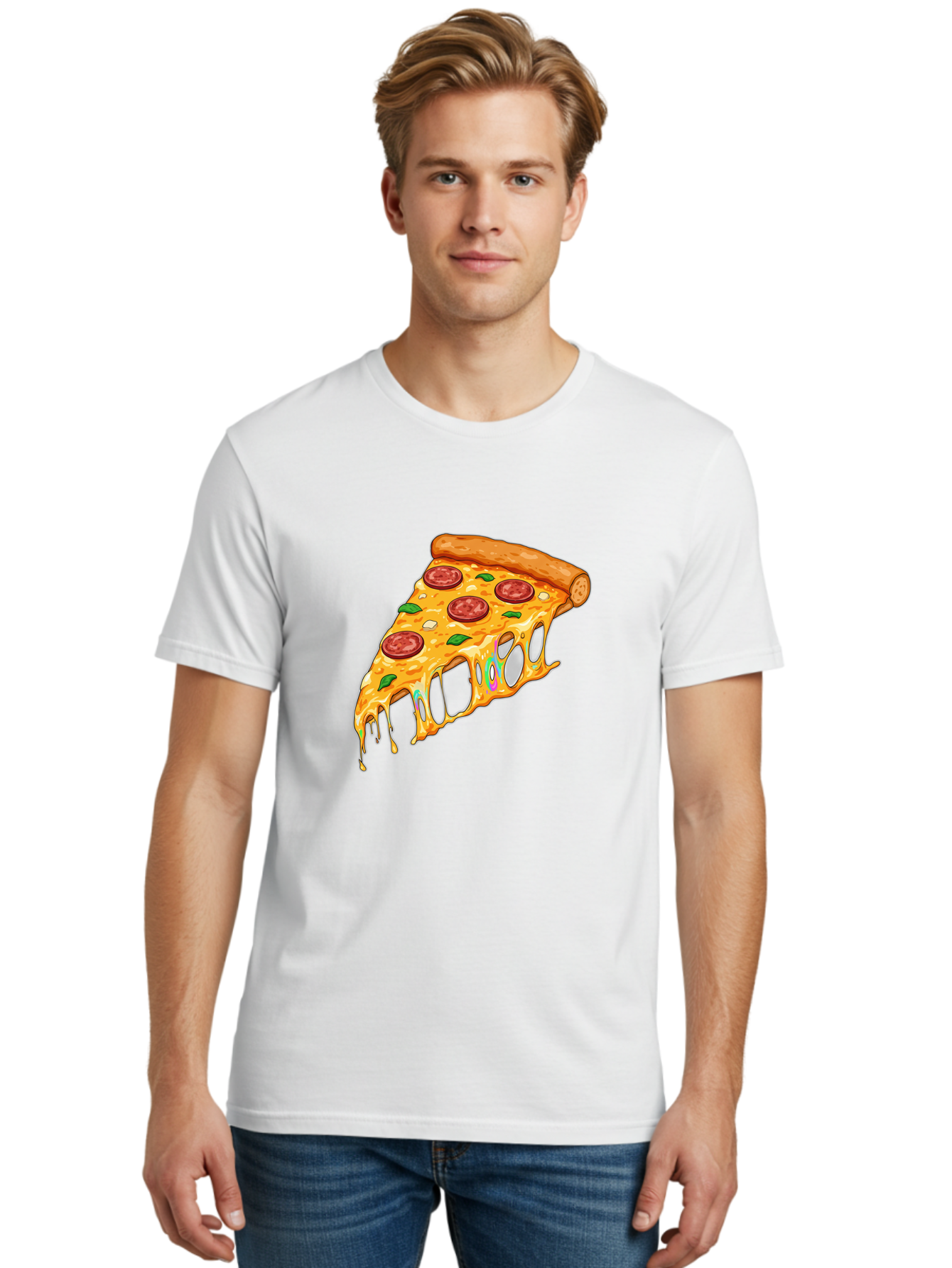 Slice-Of-Pizza Men'S Graphic Tee, 100% Cotton, Comfortable Casual Summer Wear, Machine Washable, Melted Cheese, Pepperoni Pizza, Cheesy Goodness, Melted Mozzarella, Savory Delight, Italian Cuisine, Pizza Love, Tasty Treat, Foodie Favorite Bac421