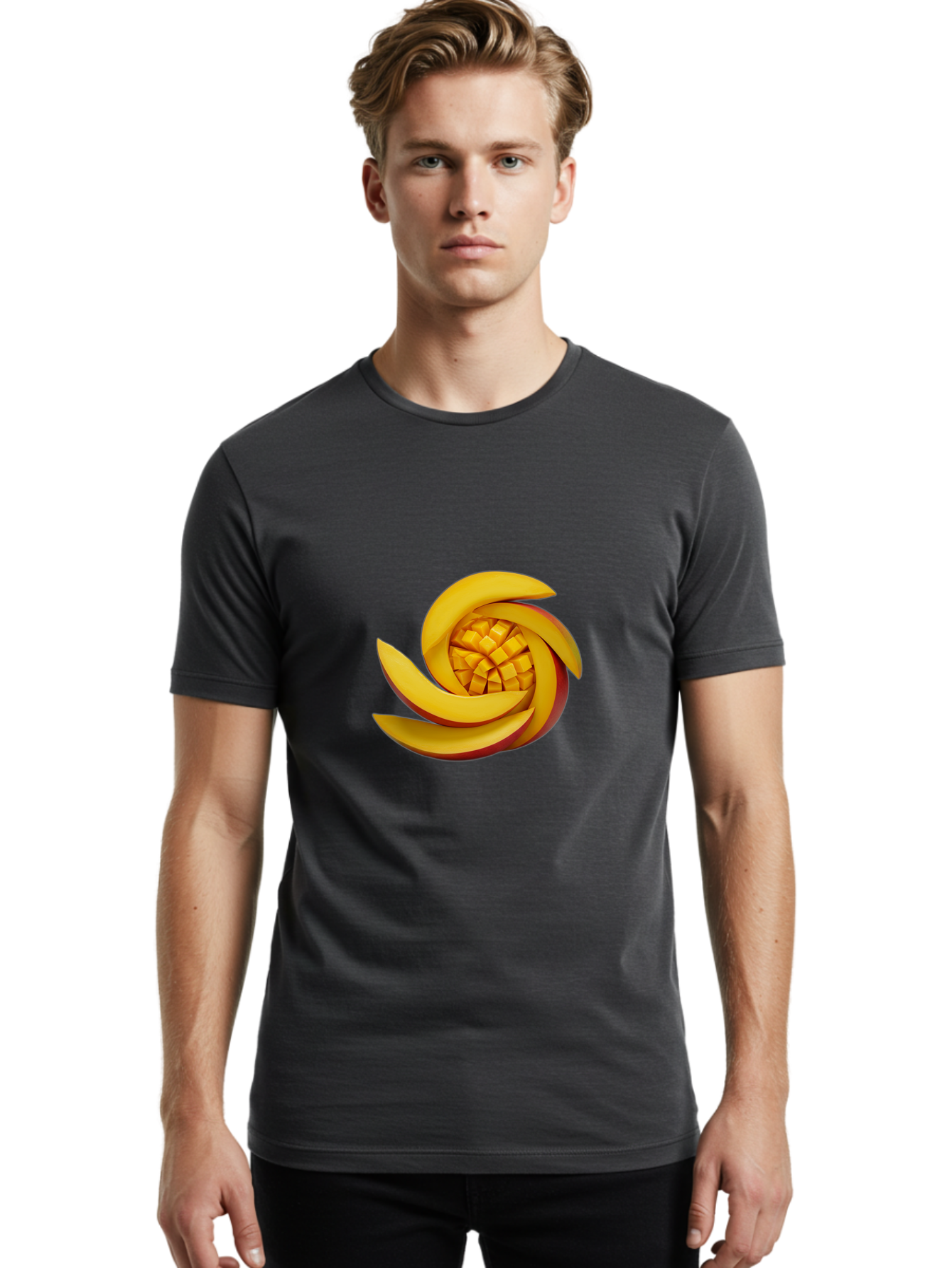 Sliced-Mango Men'S Graphic Tee, 100% Cotton, Comfortable Casual Summer Wear, Machine Washable, Sliced Mango, Mango Slices, Diced Mango, Tropical Fruit, Fresh Fruit, Vibrant Colors, Healthy Snack, Fruit Arrangement, Mango Chunks, Juicy Texture Bac422