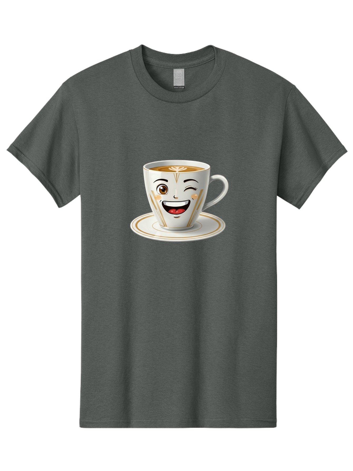 Smiling-Coffee-Cup Men'S Graphic Tee, 100% Cotton, Comfortable Casual Summer Wear, Machine Washable, Happy Coffee Cup, Smiling Face, Brown Coffee, Gold Accents, White Porcelain, Cute Design, Morning Coffee, Cheerful Emoji, Friendly Icon Bac424