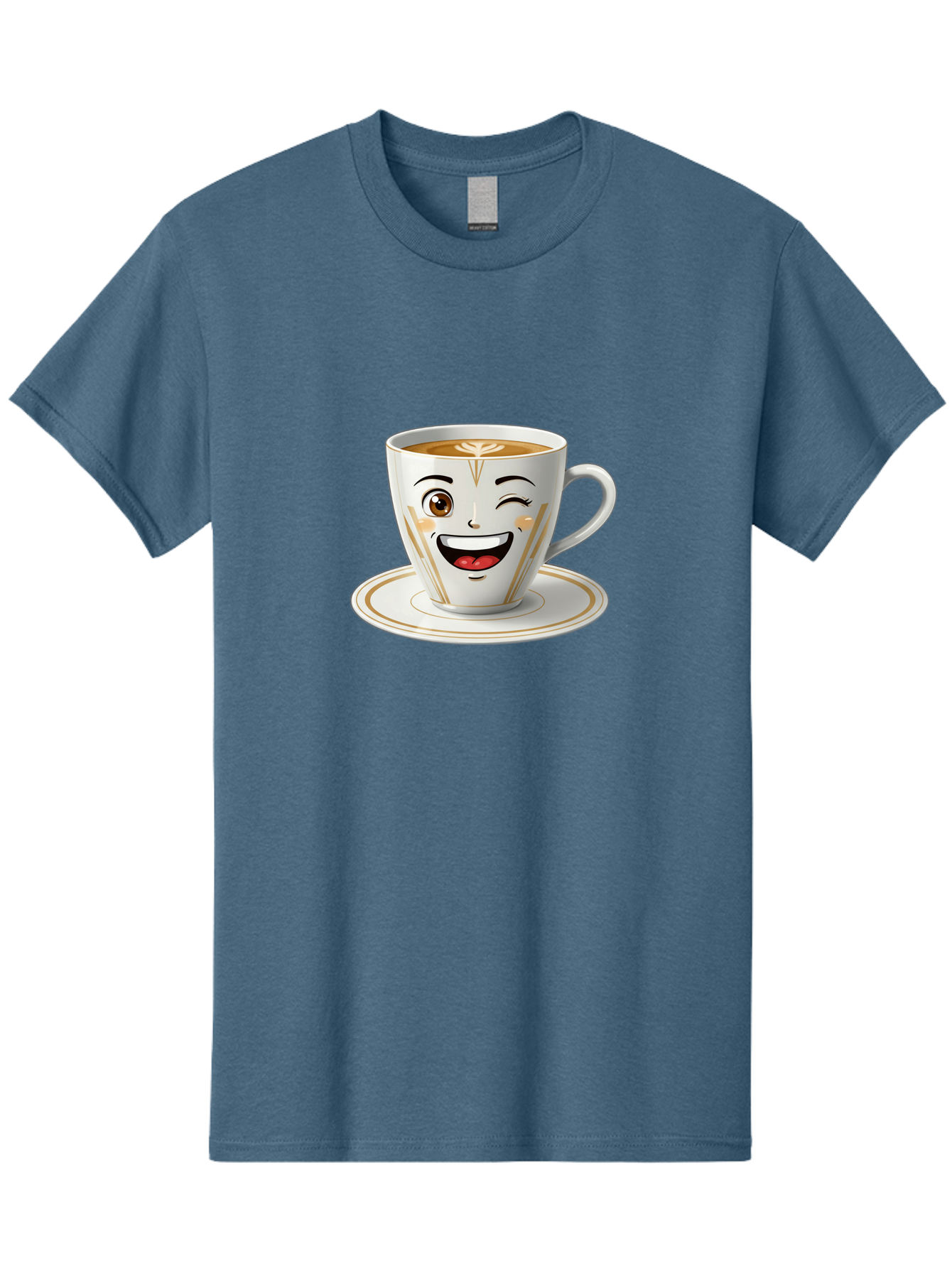 Smiling-Coffee-Cup Men'S Graphic Tee, 100% Cotton, Comfortable Casual Summer Wear, Machine Washable, Happy Coffee Cup, Smiling Face, Brown Coffee, Gold Accents, White Porcelain, Cute Design, Morning Coffee, Cheerful Emoji, Friendly Icon Bac424