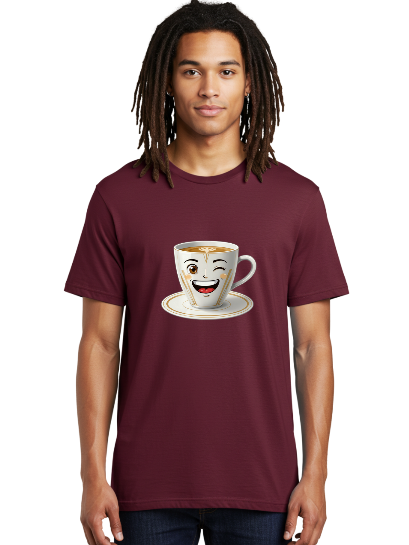 Smiling-Coffee-Cup Men'S Graphic Tee, 100% Cotton, Comfortable Casual Summer Wear, Machine Washable, Happy Coffee Cup, Smiling Face, Brown Coffee, Gold Accents, White Porcelain, Cute Design, Morning Coffee, Cheerful Emoji, Friendly Icon Bac424