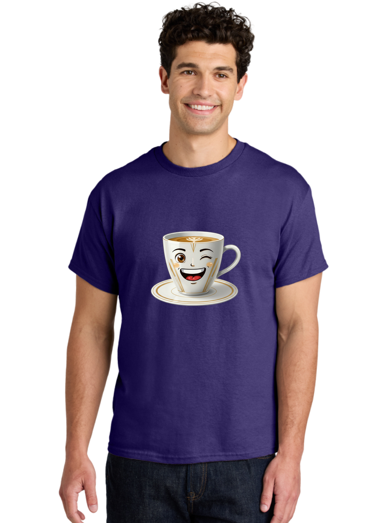 Smiling-Coffee-Cup Men'S Graphic Tee, 100% Cotton, Comfortable Casual Summer Wear, Machine Washable, Happy Coffee Cup, Smiling Face, Brown Coffee, Gold Accents, White Porcelain, Cute Design, Morning Coffee, Cheerful Emoji, Friendly Icon Bac424