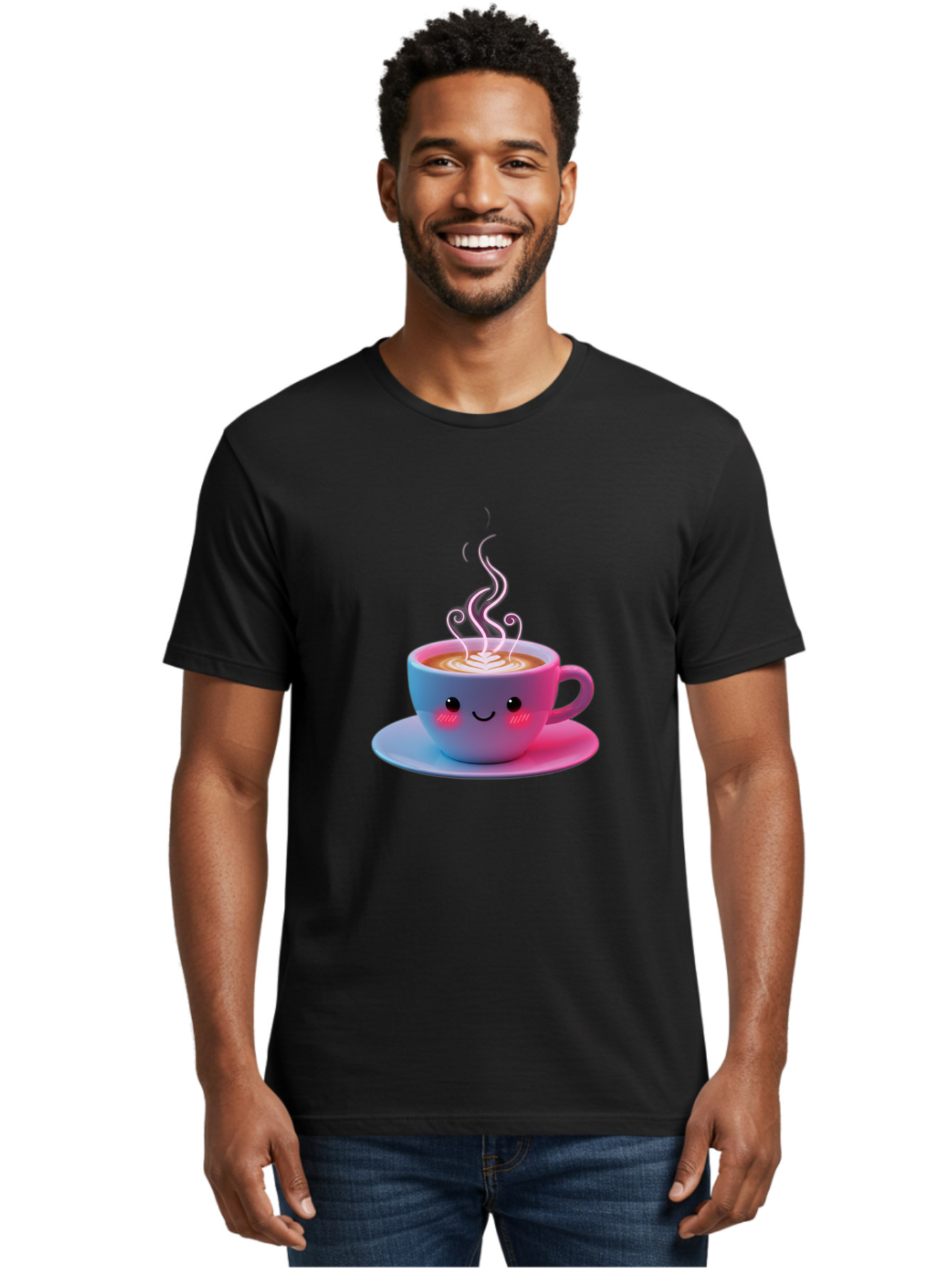 Smiling-Coffee-Mug Men'S Graphic Tee, 100% Cotton, Comfortable Casual Summer Wear, Machine Washable, Kawaii Coffee Cup, Steaming Hot Cappuccino, Latte Art, Smiling Face, Pink Cheeks, Adorable Design, Morning Coffee, Coffee Lover, Bac425
