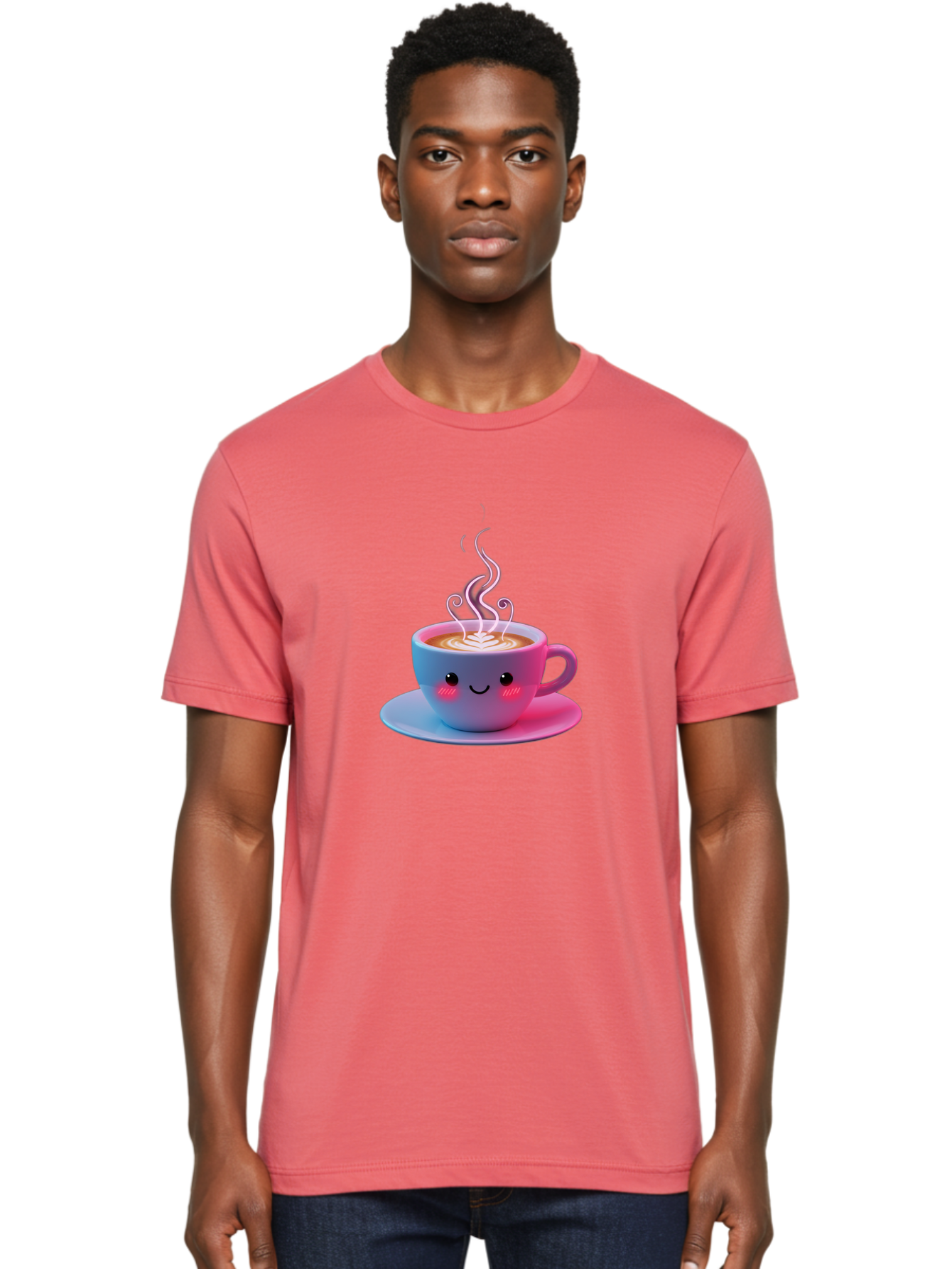 Smiling-Coffee-Mug Men'S Graphic Tee, 100% Cotton, Comfortable Casual Summer Wear, Machine Washable, Kawaii Coffee Cup, Steaming Hot Cappuccino, Latte Art, Smiling Face, Pink Cheeks, Adorable Design, Morning Coffee, Coffee Lover, Bac425