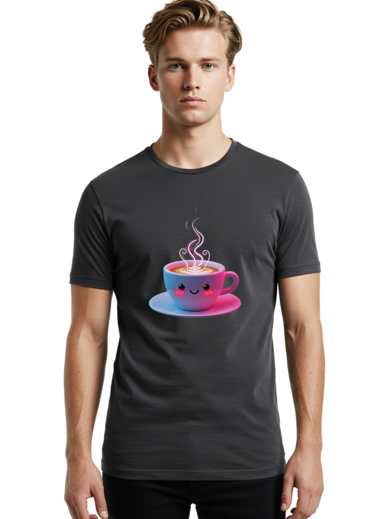 Smiling-Coffee-Mug Men'S Graphic Tee, 100% Cotton, Comfortable Casual Summer Wear, Machine Washable, Kawaii Coffee Cup, Steaming Hot Cappuccino, Latte Art, Smiling Face, Pink Cheeks, Adorable Design, Morning Coffee, Coffee Lover, Bac425
