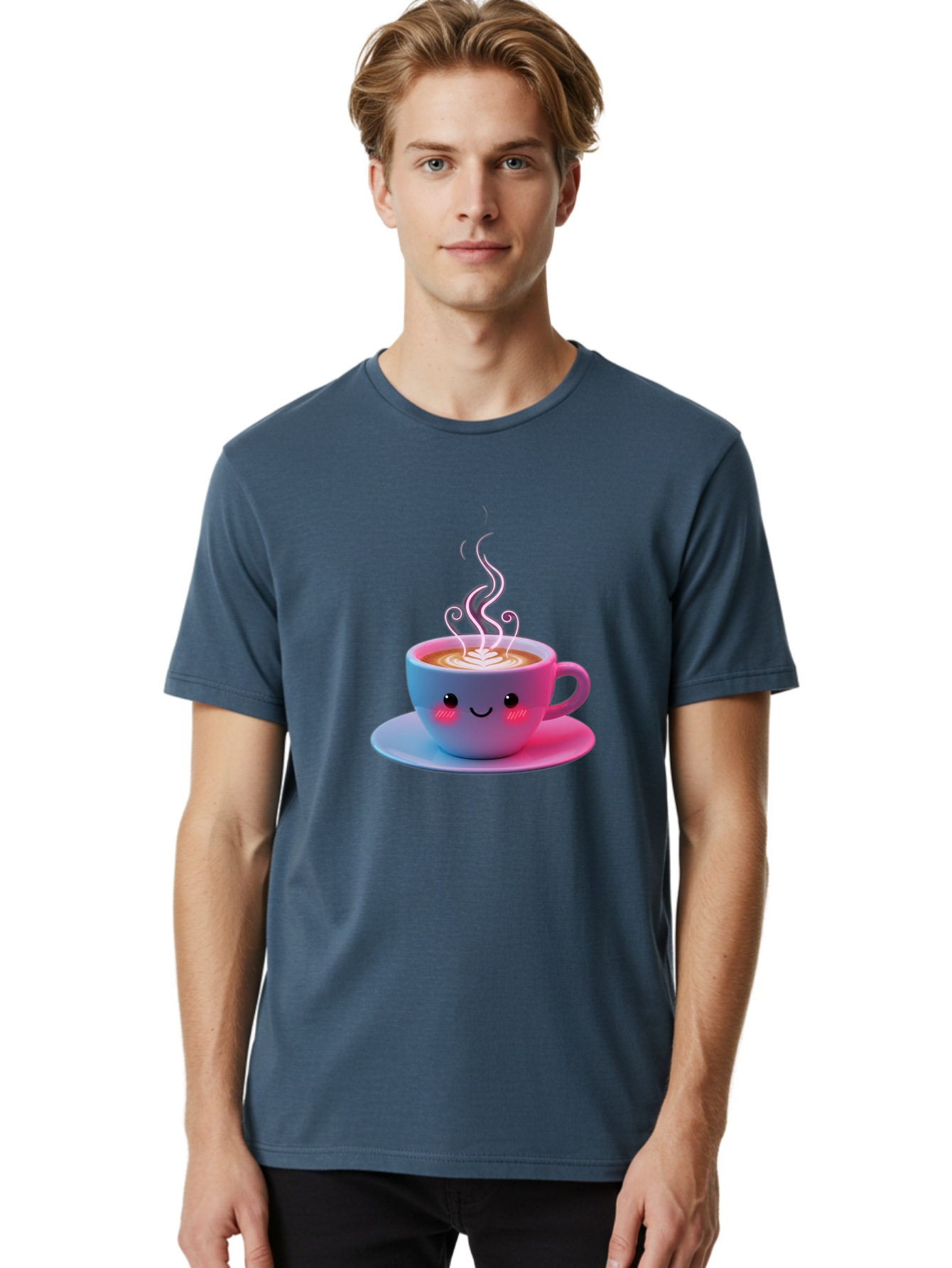 Smiling-Coffee-Mug Men'S Graphic Tee, 100% Cotton, Comfortable Casual Summer Wear, Machine Washable, Kawaii Coffee Cup, Steaming Hot Cappuccino, Latte Art, Smiling Face, Pink Cheeks, Adorable Design, Morning Coffee, Coffee Lover, Bac425