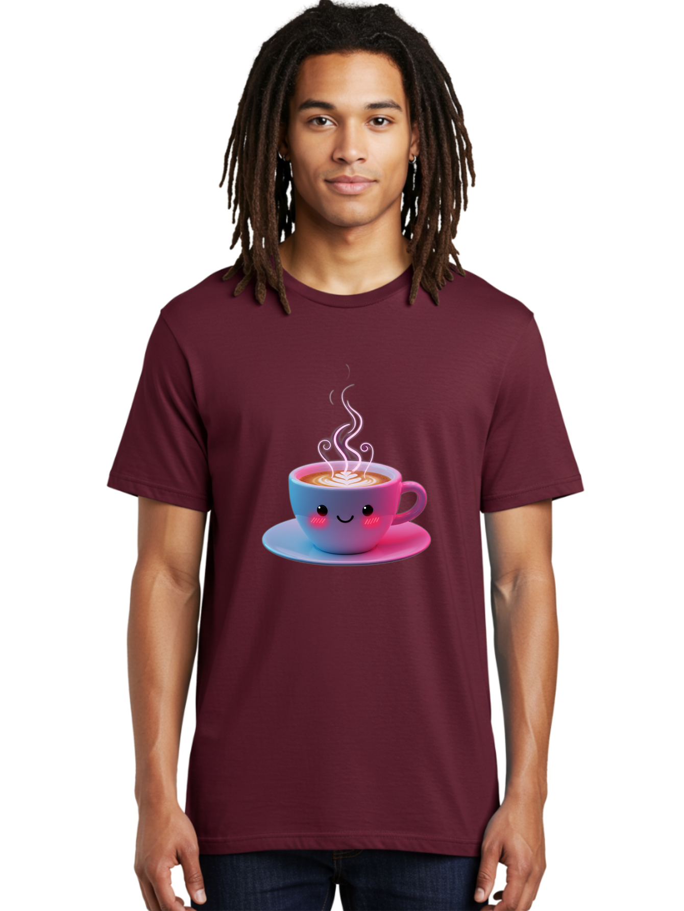 Smiling-Coffee-Mug Men'S Graphic Tee, 100% Cotton, Comfortable Casual Summer Wear, Machine Washable, Kawaii Coffee Cup, Steaming Hot Cappuccino, Latte Art, Smiling Face, Pink Cheeks, Adorable Design, Morning Coffee, Coffee Lover, Bac425