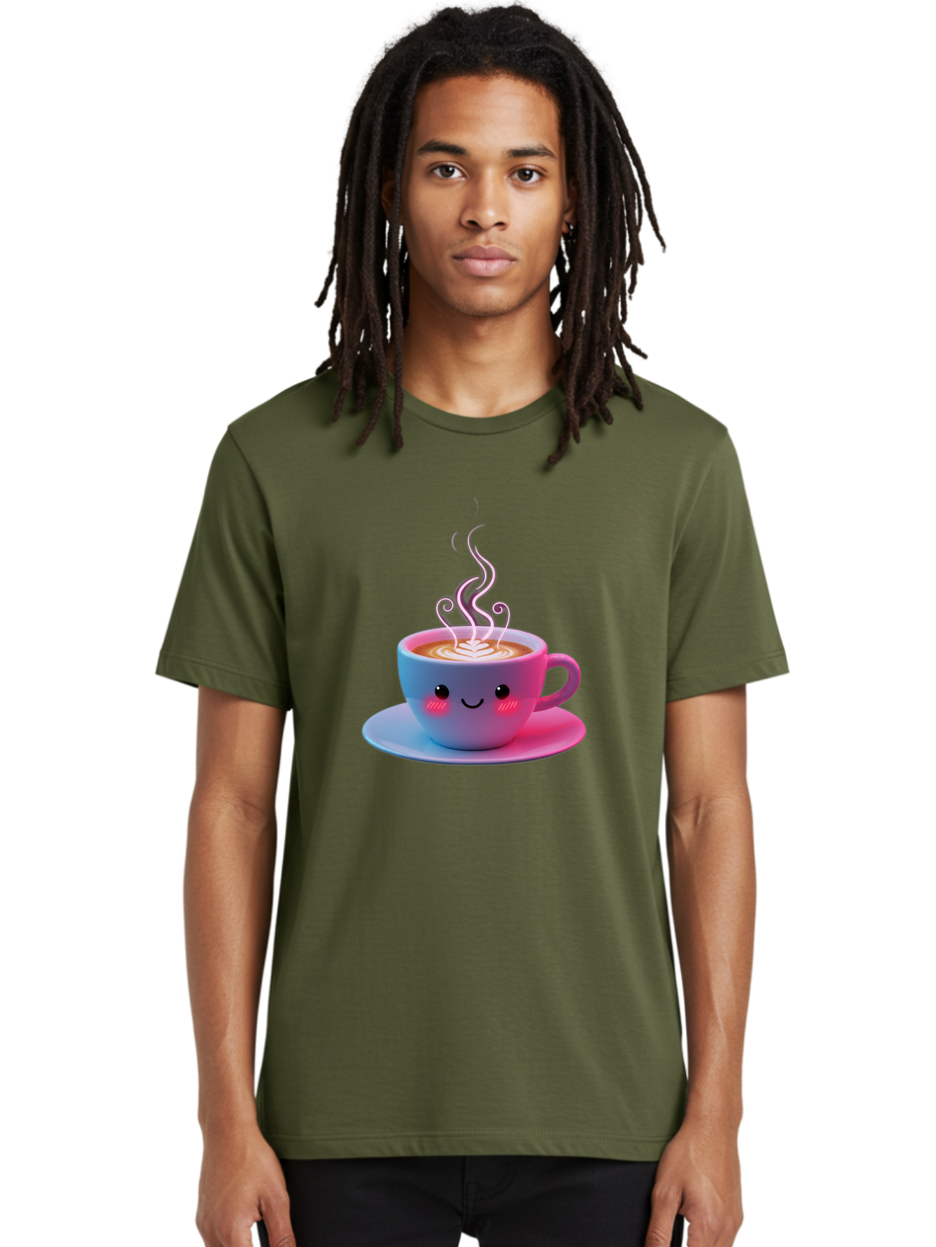 Smiling-Coffee-Mug Men'S Graphic Tee, 100% Cotton, Comfortable Casual Summer Wear, Machine Washable, Kawaii Coffee Cup, Steaming Hot Cappuccino, Latte Art, Smiling Face, Pink Cheeks, Adorable Design, Morning Coffee, Coffee Lover, Bac425
