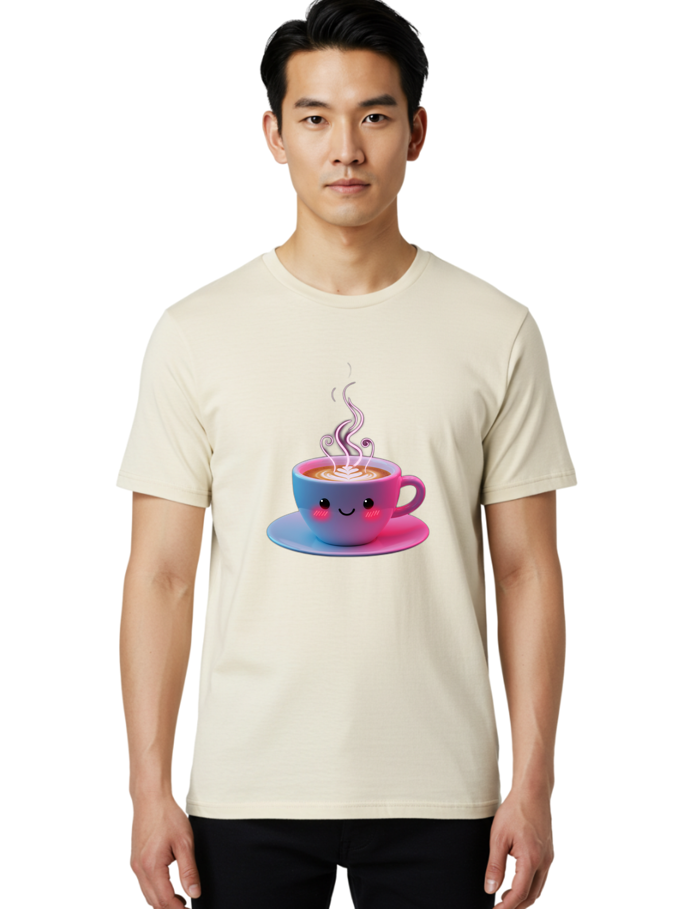 Smiling-Coffee-Mug Men'S Graphic Tee, 100% Cotton, Comfortable Casual Summer Wear, Machine Washable, Kawaii Coffee Cup, Steaming Hot Cappuccino, Latte Art, Smiling Face, Pink Cheeks, Adorable Design, Morning Coffee, Coffee Lover, Bac425