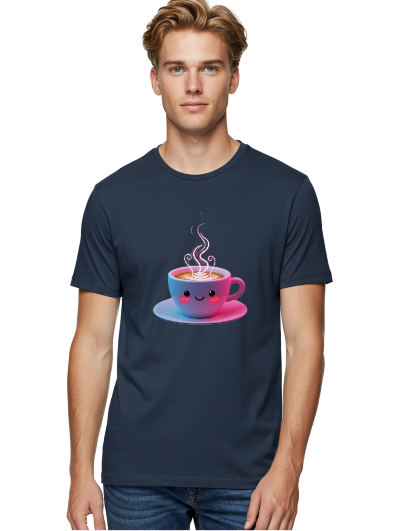 Smiling-Coffee-Mug Men'S Graphic Tee, 100% Cotton, Comfortable Casual Summer Wear, Machine Washable, Kawaii Coffee Cup, Steaming Hot Cappuccino, Latte Art, Smiling Face, Pink Cheeks, Adorable Design, Morning Coffee, Coffee Lover, Bac425