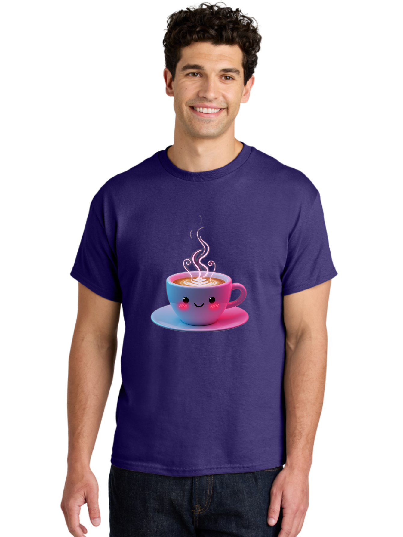Smiling-Coffee-Mug Men'S Graphic Tee, 100% Cotton, Comfortable Casual Summer Wear, Machine Washable, Kawaii Coffee Cup, Steaming Hot Cappuccino, Latte Art, Smiling Face, Pink Cheeks, Adorable Design, Morning Coffee, Coffee Lover, Bac425