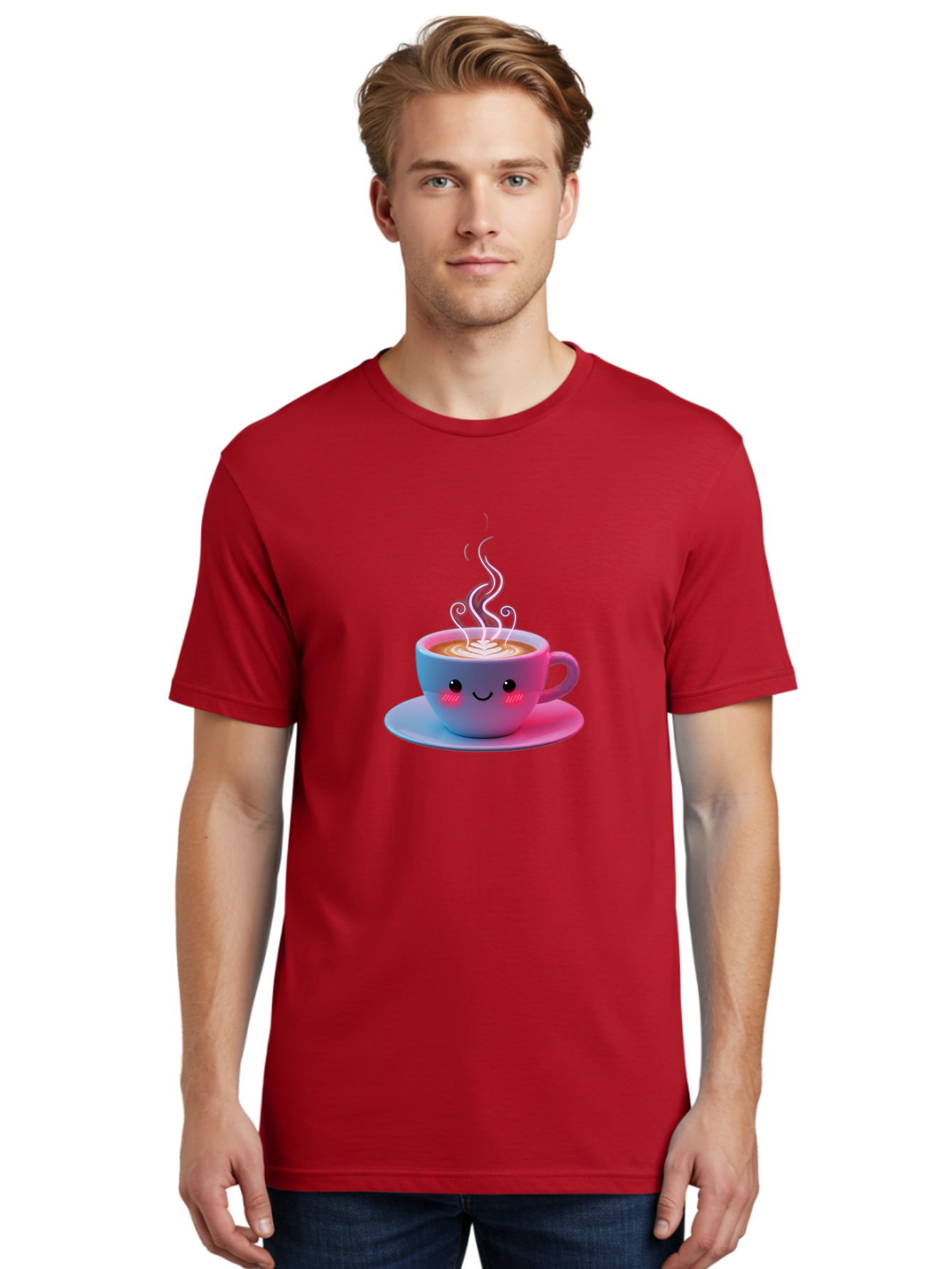 Smiling-Coffee-Mug Men'S Graphic Tee, 100% Cotton, Comfortable Casual Summer Wear, Machine Washable, Kawaii Coffee Cup, Steaming Hot Cappuccino, Latte Art, Smiling Face, Pink Cheeks, Adorable Design, Morning Coffee, Coffee Lover, Bac425