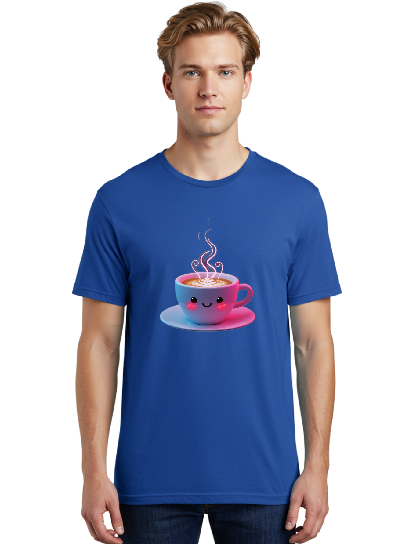 Smiling-Coffee-Mug Men'S Graphic Tee, 100% Cotton, Comfortable Casual Summer Wear, Machine Washable, Kawaii Coffee Cup, Steaming Hot Cappuccino, Latte Art, Smiling Face, Pink Cheeks, Adorable Design, Morning Coffee, Coffee Lover, Bac425