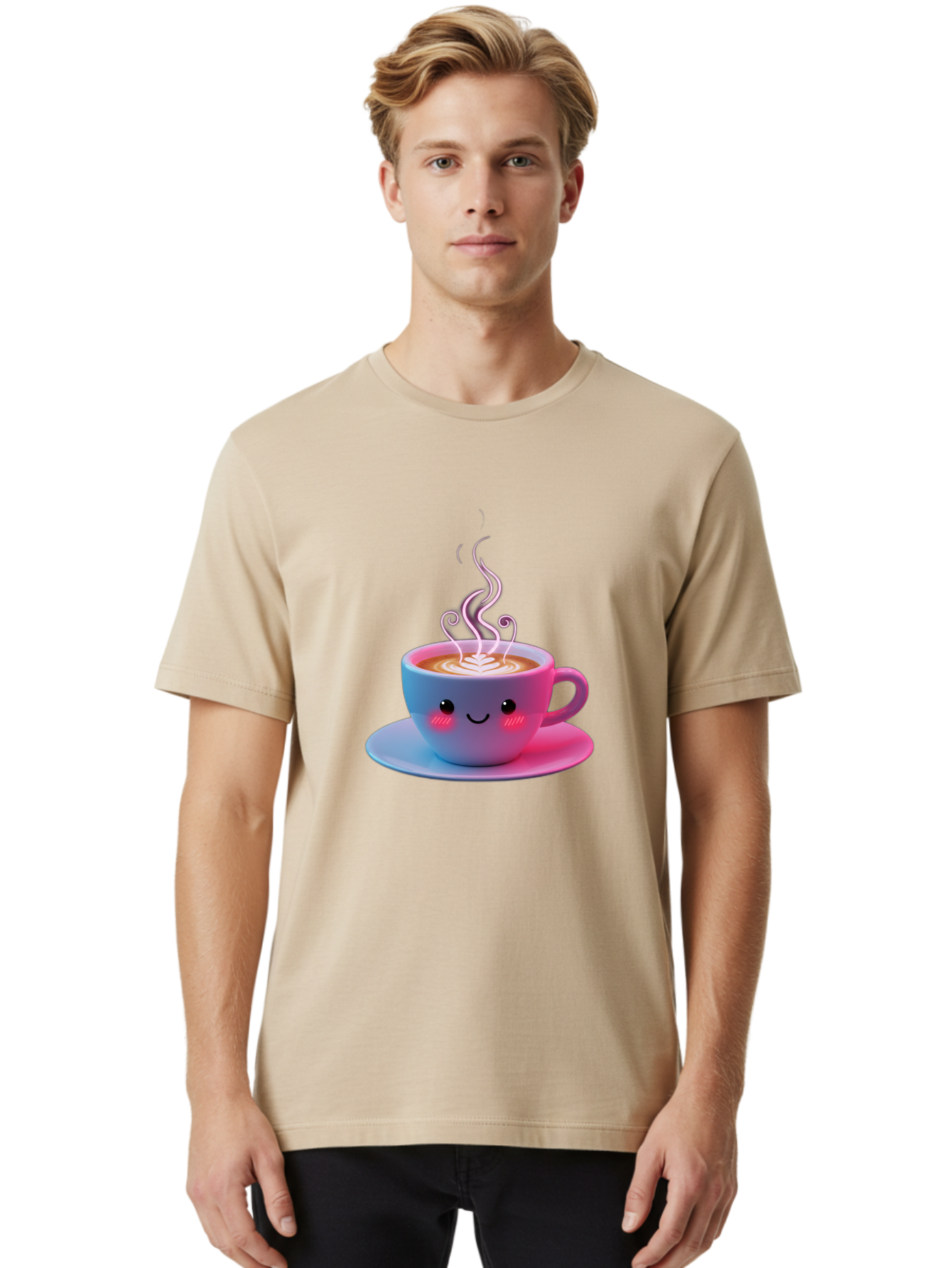 Smiling-Coffee-Mug Men'S Graphic Tee, 100% Cotton, Comfortable Casual Summer Wear, Machine Washable, Kawaii Coffee Cup, Steaming Hot Cappuccino, Latte Art, Smiling Face, Pink Cheeks, Adorable Design, Morning Coffee, Coffee Lover, Bac425