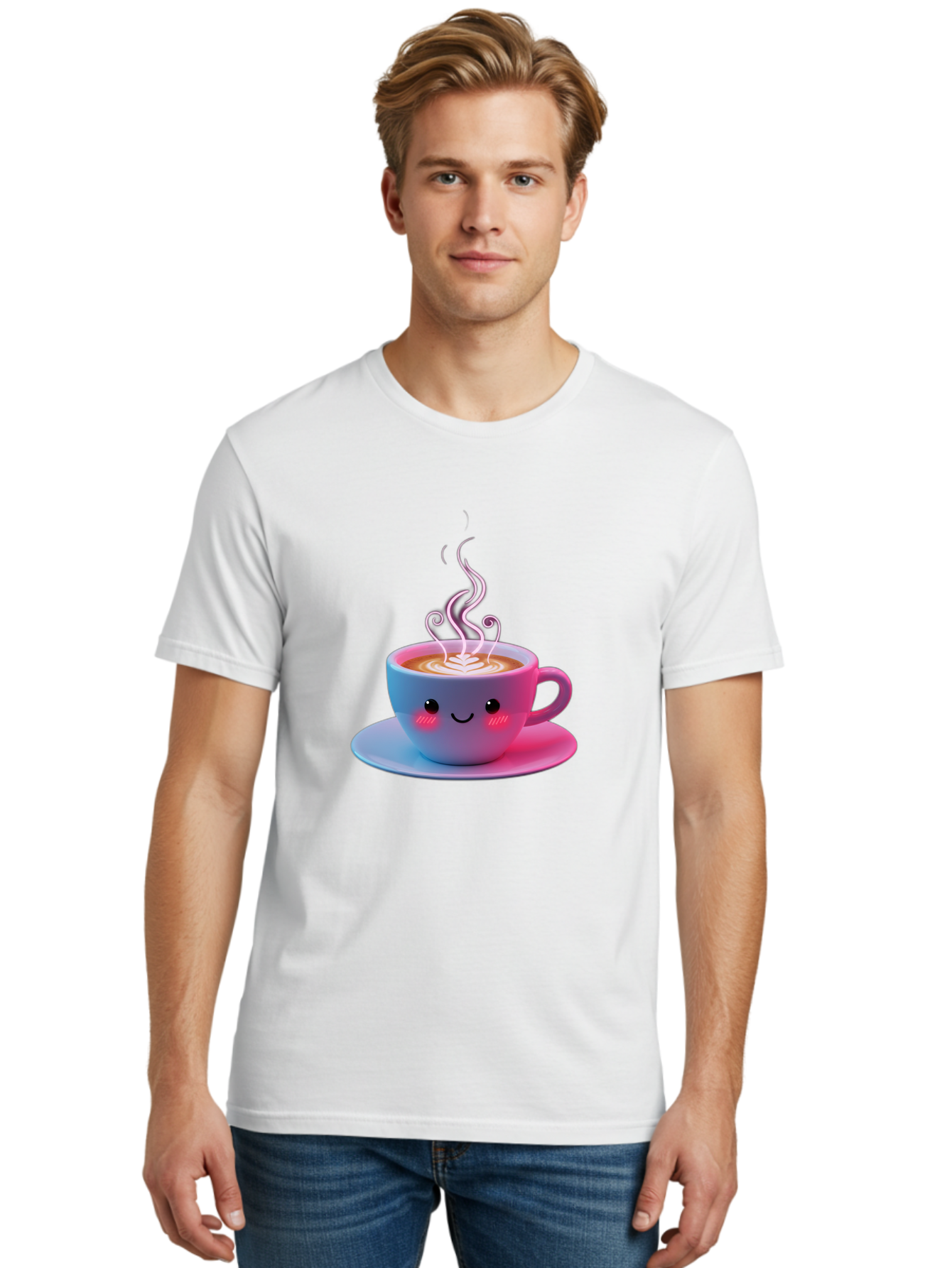 Smiling-Coffee-Mug Men'S Graphic Tee, 100% Cotton, Comfortable Casual Summer Wear, Machine Washable, Kawaii Coffee Cup, Steaming Hot Cappuccino, Latte Art, Smiling Face, Pink Cheeks, Adorable Design, Morning Coffee, Coffee Lover, Bac425