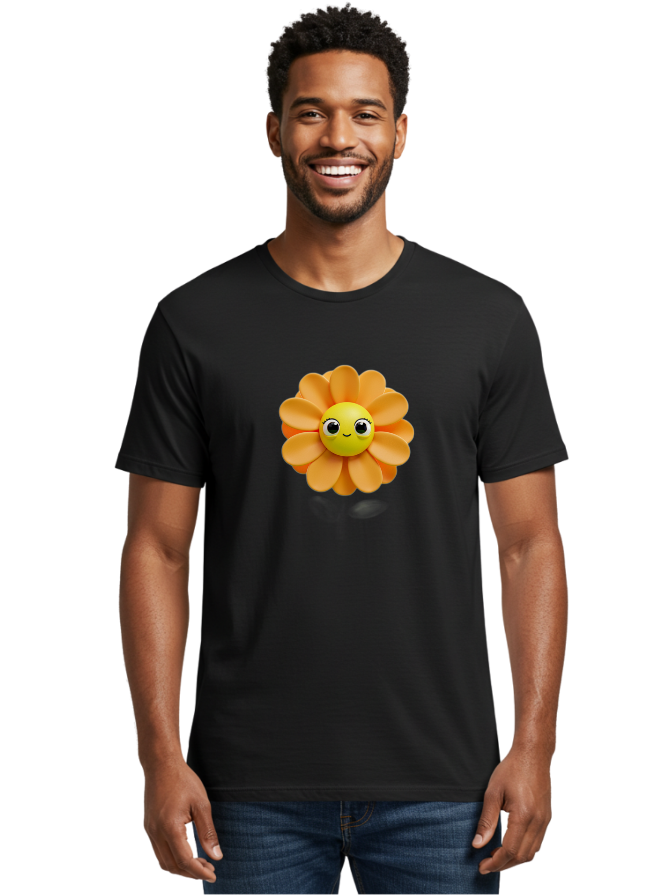 Smiling-Flower-Emoji Men'S Graphic Tee, 100% Cotton, Comfortable Casual Summer Wear, Machine Washable, Smiling Flower, Yellow Center, Orange Petals, Cute Emoji, Happy Face, Cartoon Flower, Vibrant Colors, Playful Design, 3D Rendering, Bac427
