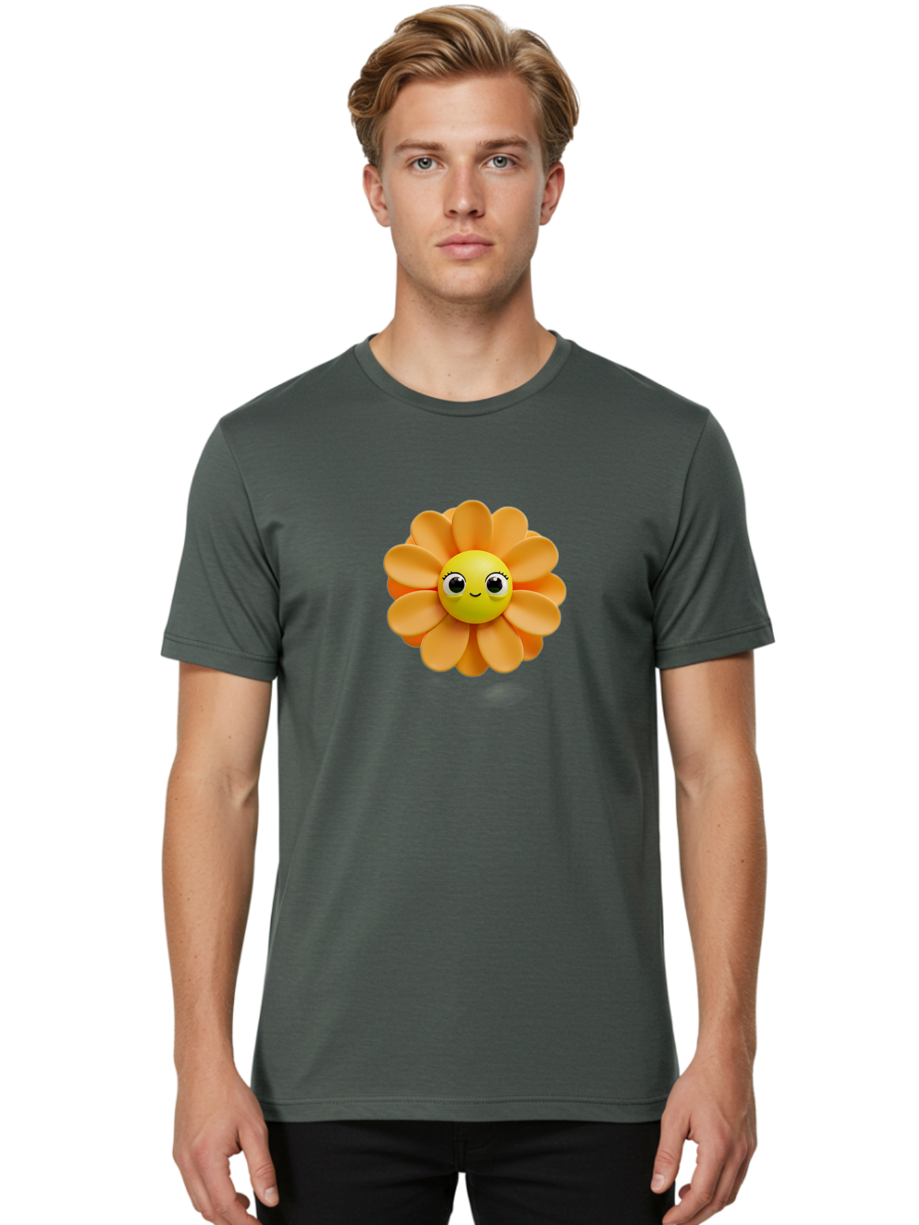 Smiling-Flower-Emoji Men'S Graphic Tee, 100% Cotton, Comfortable Casual Summer Wear, Machine Washable, Smiling Flower, Yellow Center, Orange Petals, Cute Emoji, Happy Face, Cartoon Flower, Vibrant Colors, Playful Design, 3D Rendering, Bac427