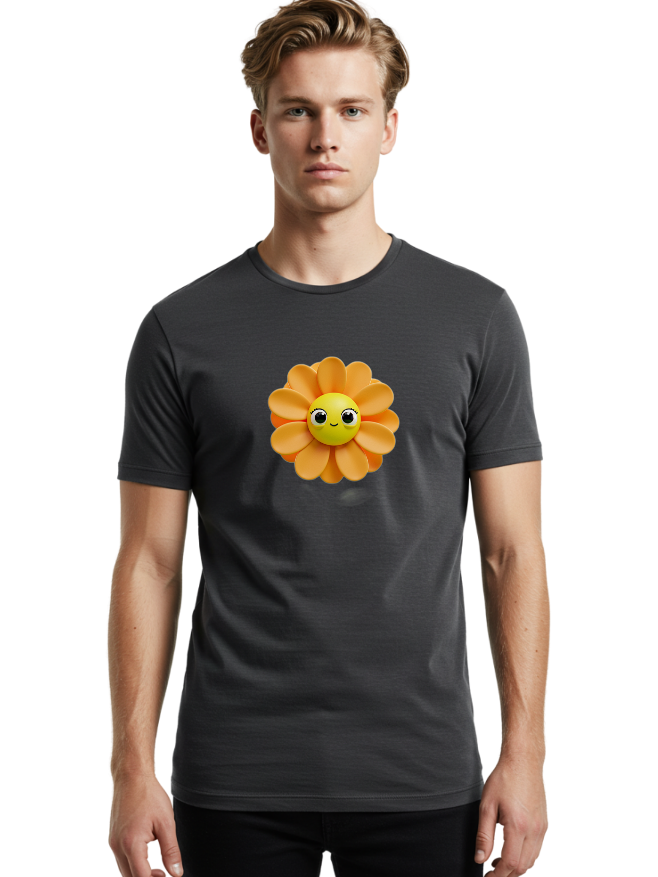 Smiling-Flower-Emoji Men'S Graphic Tee, 100% Cotton, Comfortable Casual Summer Wear, Machine Washable, Smiling Flower, Yellow Center, Orange Petals, Cute Emoji, Happy Face, Cartoon Flower, Vibrant Colors, Playful Design, 3D Rendering, Bac427