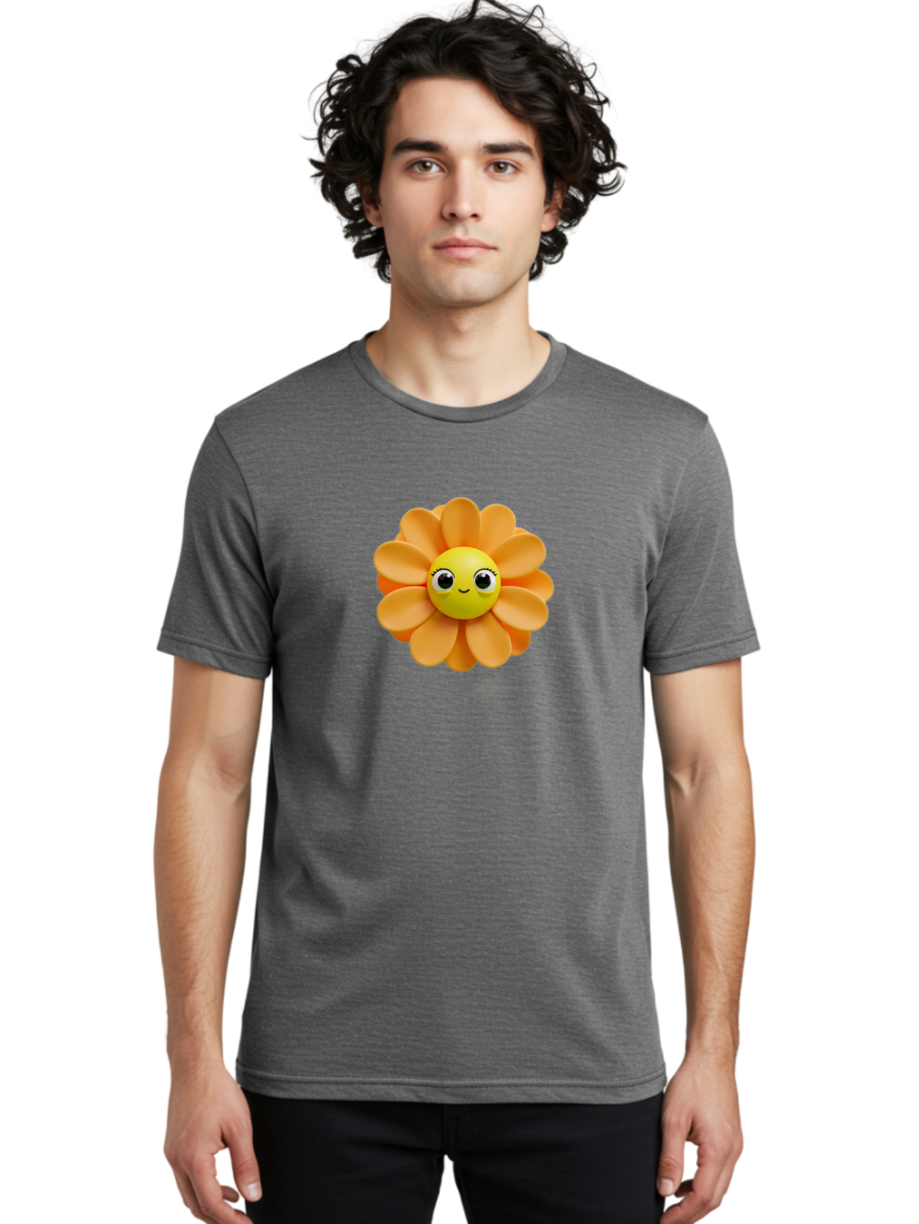Smiling-Flower-Emoji Men'S Graphic Tee, 100% Cotton, Comfortable Casual Summer Wear, Machine Washable, Smiling Flower, Yellow Center, Orange Petals, Cute Emoji, Happy Face, Cartoon Flower, Vibrant Colors, Playful Design, 3D Rendering, Bac427