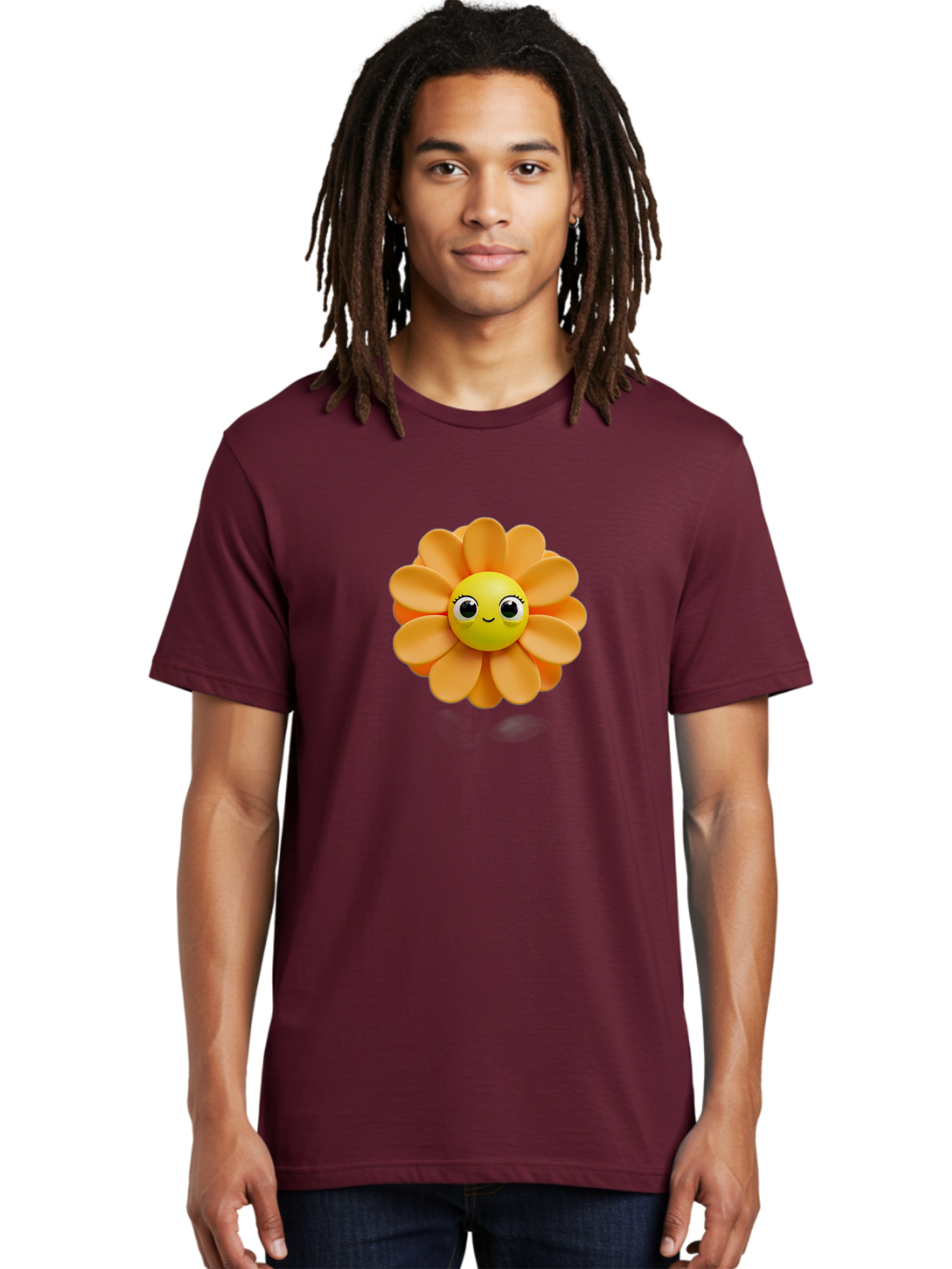 Smiling-Flower-Emoji Men'S Graphic Tee, 100% Cotton, Comfortable Casual Summer Wear, Machine Washable, Smiling Flower, Yellow Center, Orange Petals, Cute Emoji, Happy Face, Cartoon Flower, Vibrant Colors, Playful Design, 3D Rendering, Bac427