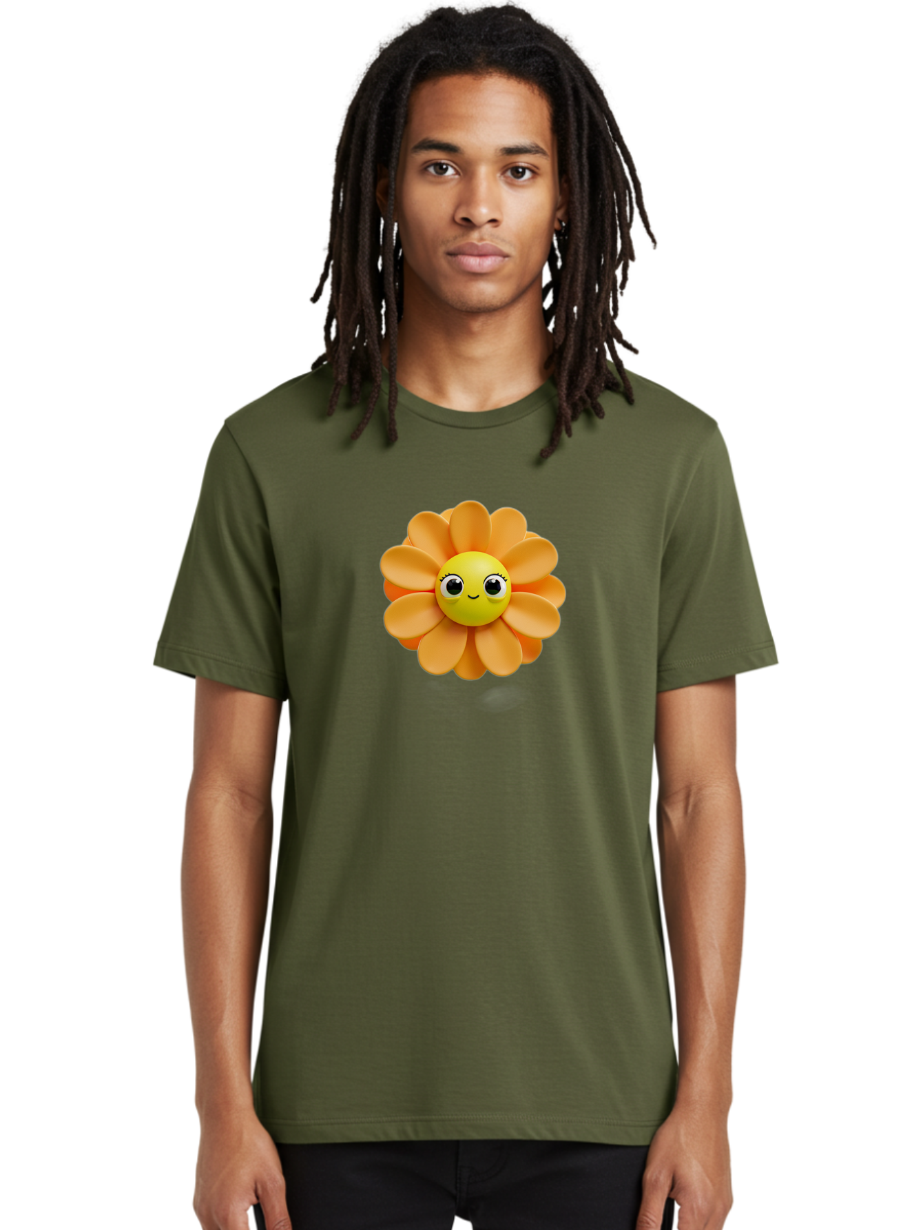 Smiling-Flower-Emoji Men'S Graphic Tee, 100% Cotton, Comfortable Casual Summer Wear, Machine Washable, Smiling Flower, Yellow Center, Orange Petals, Cute Emoji, Happy Face, Cartoon Flower, Vibrant Colors, Playful Design, 3D Rendering, Bac427