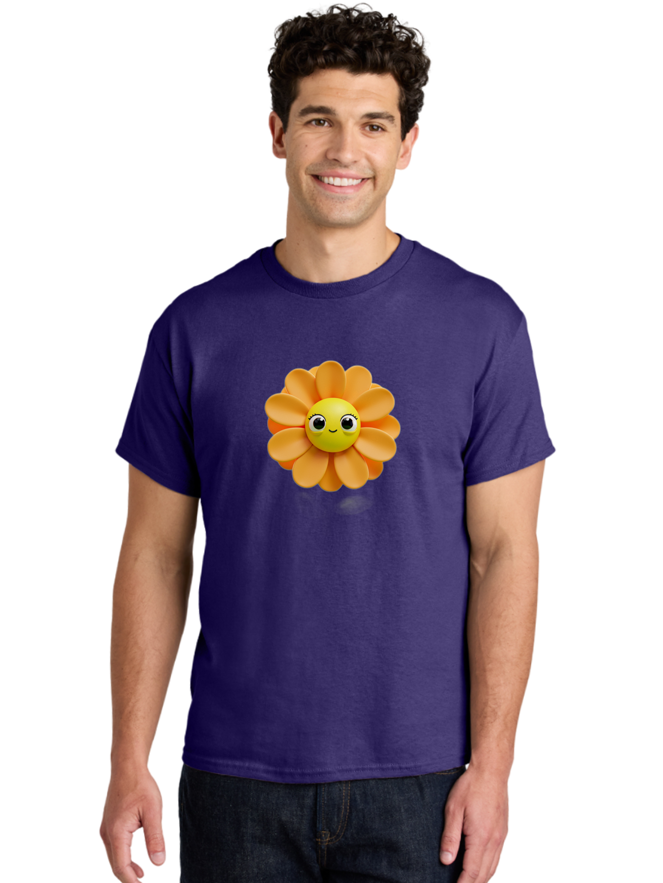 Smiling-Flower-Emoji Men'S Graphic Tee, 100% Cotton, Comfortable Casual Summer Wear, Machine Washable, Smiling Flower, Yellow Center, Orange Petals, Cute Emoji, Happy Face, Cartoon Flower, Vibrant Colors, Playful Design, 3D Rendering, Bac427